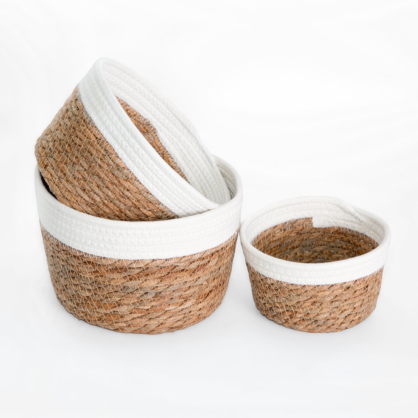 Round Seagrass Storage Baskets with Cotton Rope Border Set 3 - Grey / White