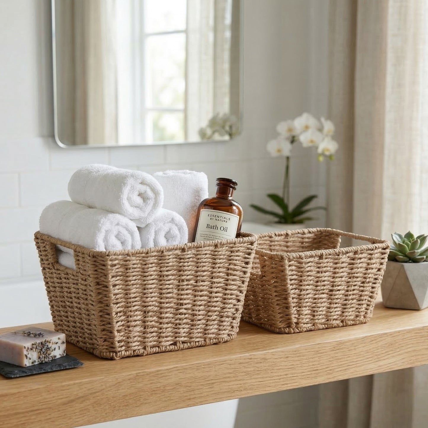 Paper Rope Storage Basket with Handle Set 2