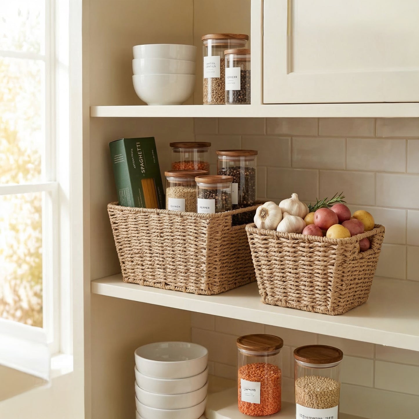 Paper Rope Storage Basket with Handle Set 2