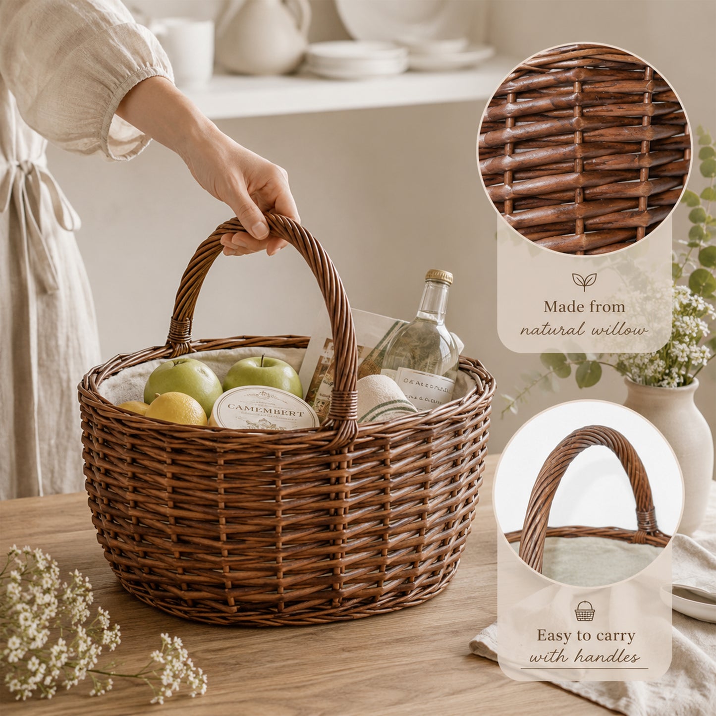 Brown Oval Wicker Picnic Shopper Basket - 2 Sizes