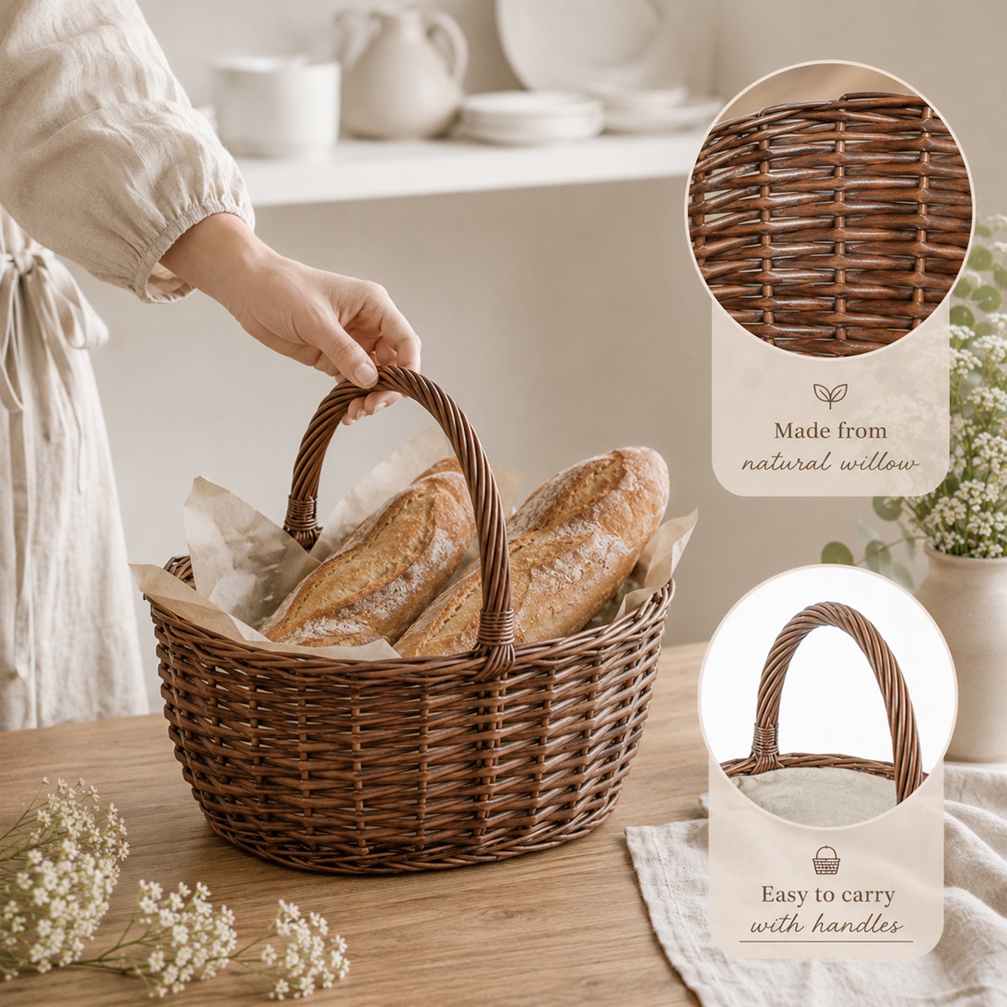 Brown Oval Wicker Picnic Shopper Basket - 2 Sizes