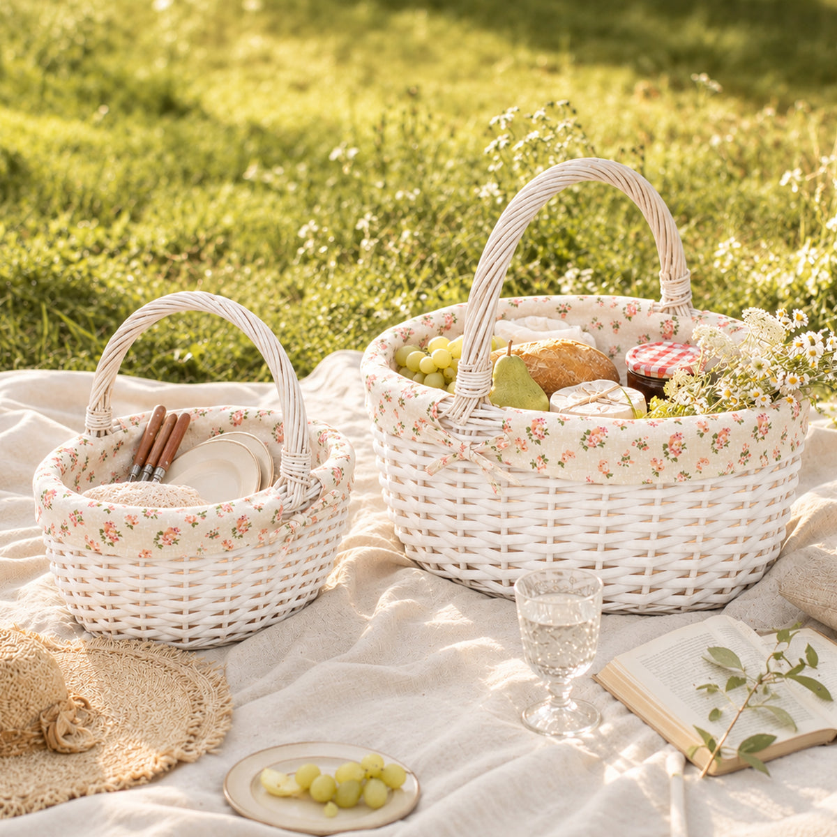 White Oval Wicker Picnic Shopper Basket - 2 Sizes