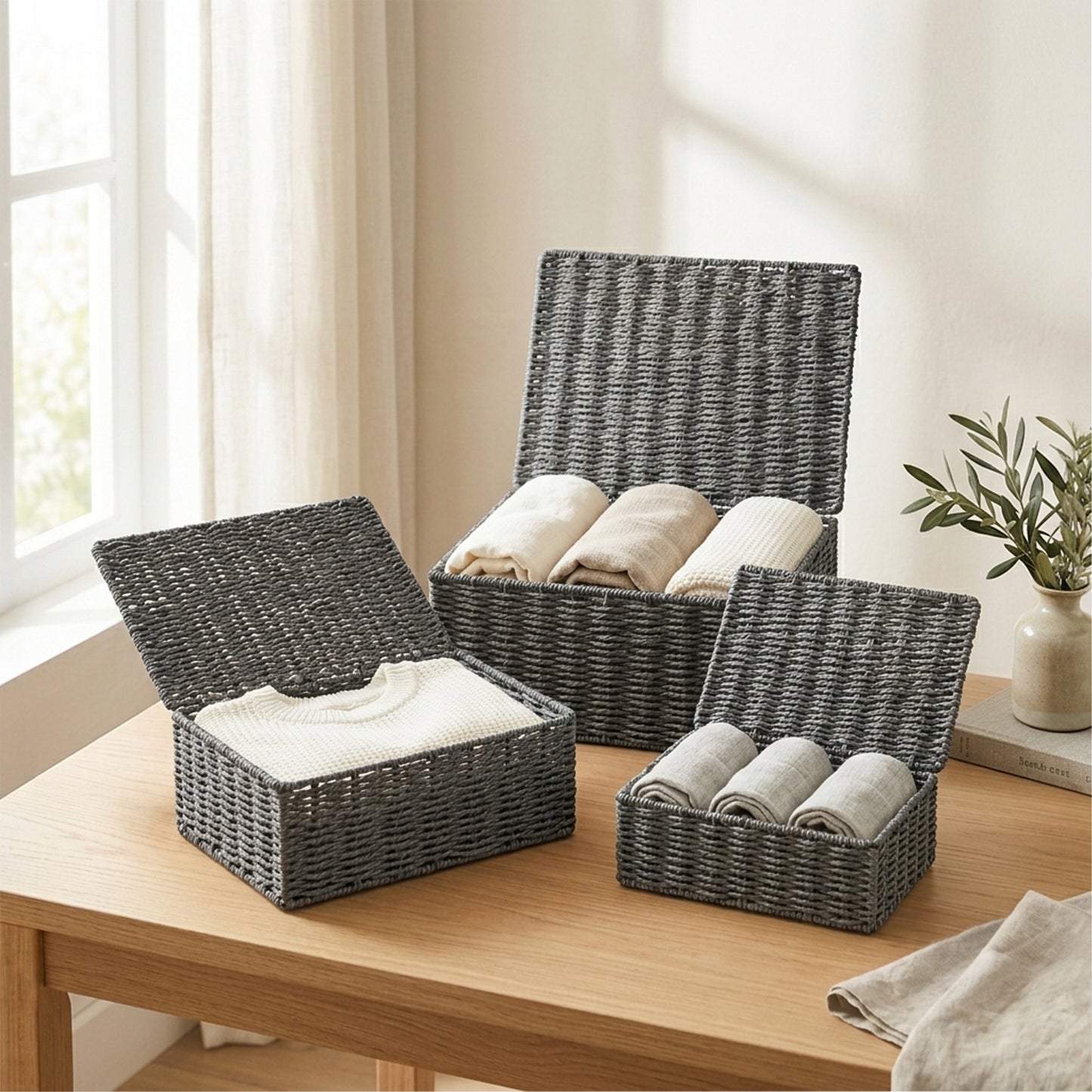 Grey Paper Rope Storage Hamper Basket Box - 3 Sizes