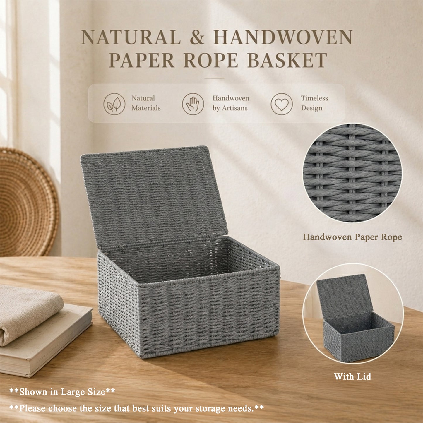 Grey Paper Rope Storage Hamper Basket Box - 3 Sizes