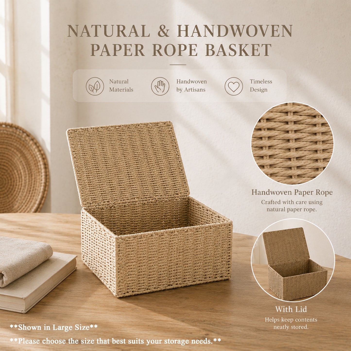 Natural Paper Rope Storage Hamper Basket Box - 3 Sizes