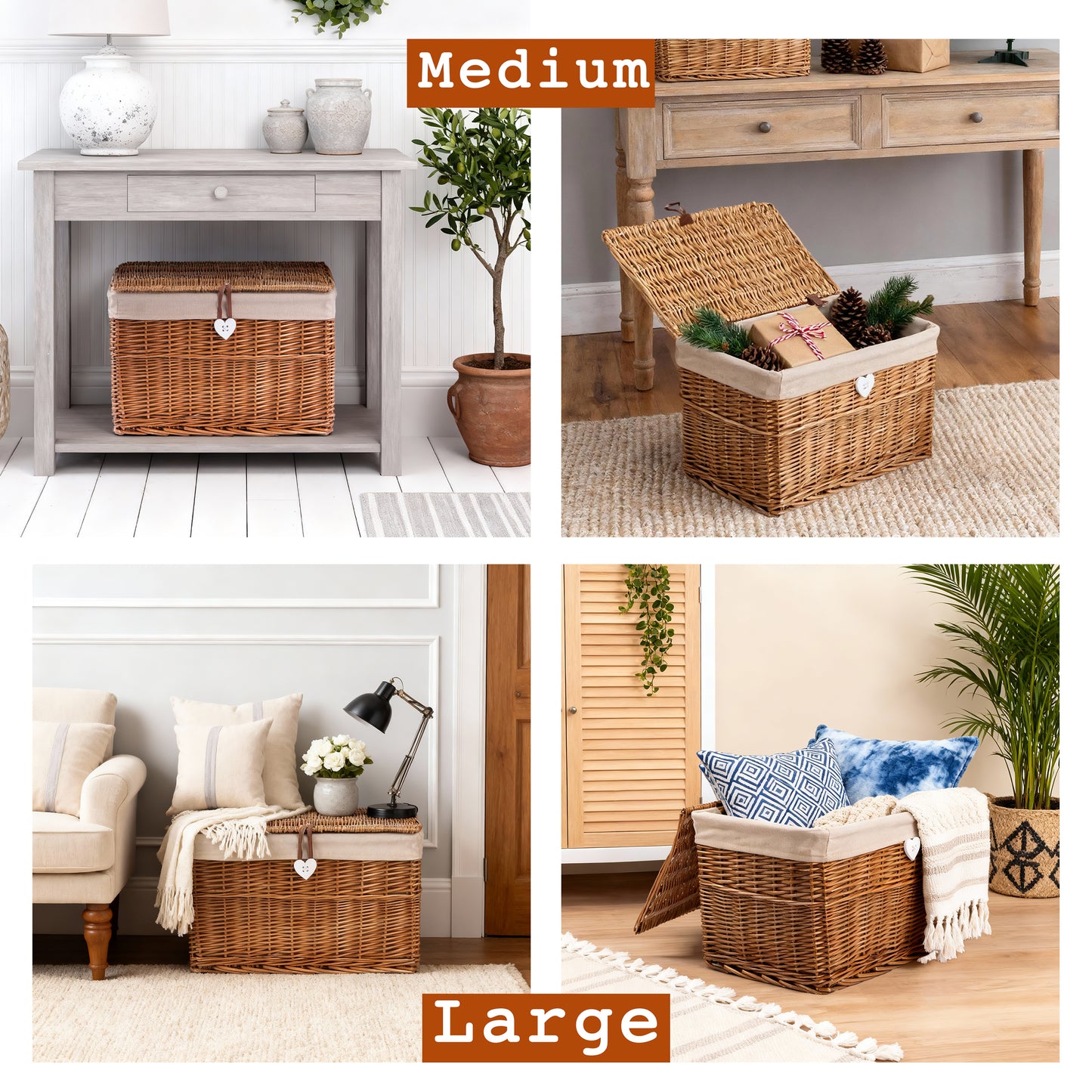 Double Steamed Wicker Storage Hamper Basket with Lining - 4 Sizes