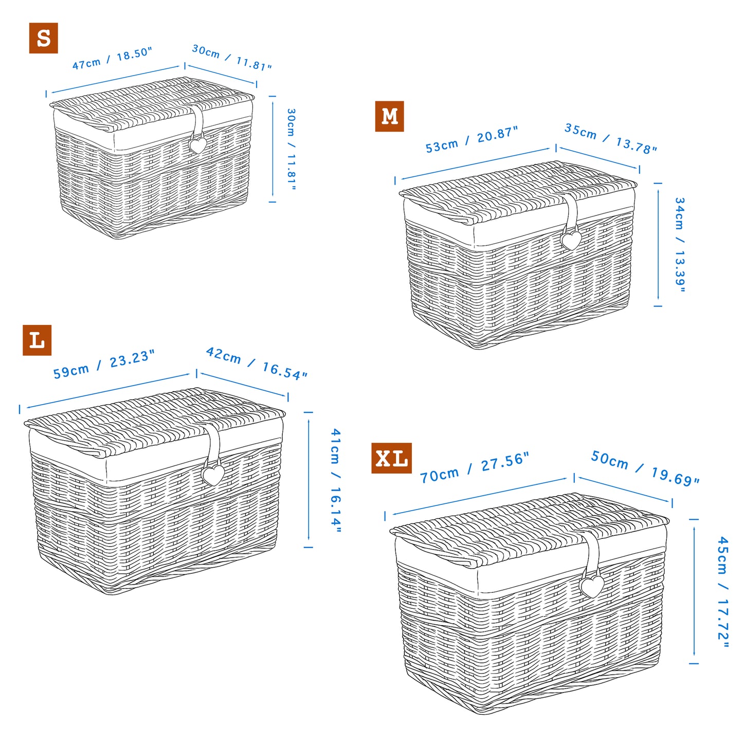 Double Steamed Wicker Storage Hamper Basket with Lining - 4 Sizes