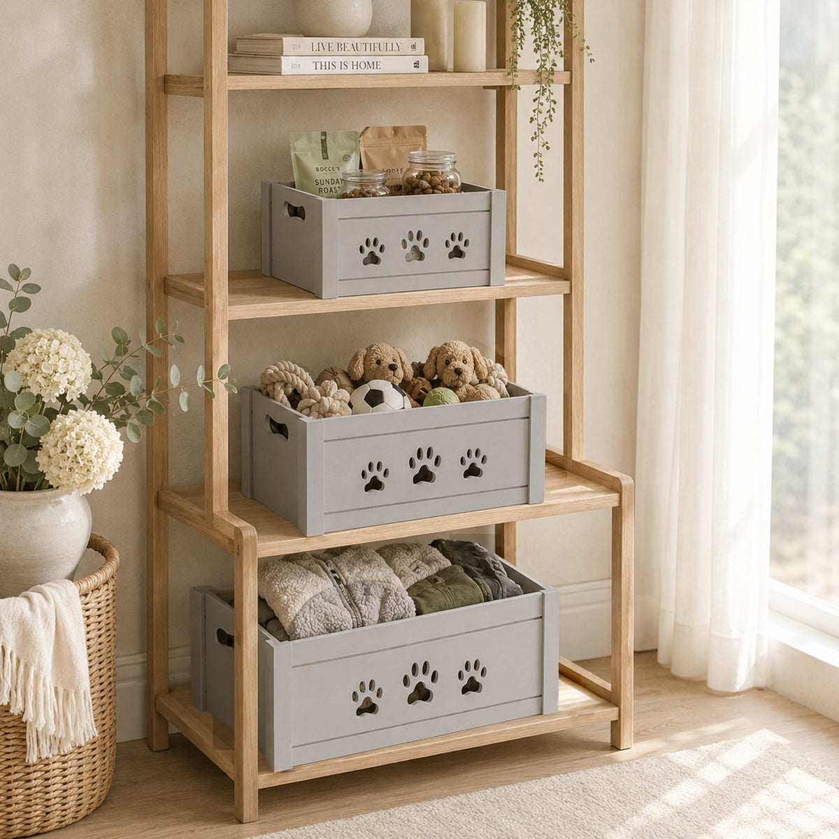 Grey Wooden Dog Toy Storage Box - 3 Sizes
