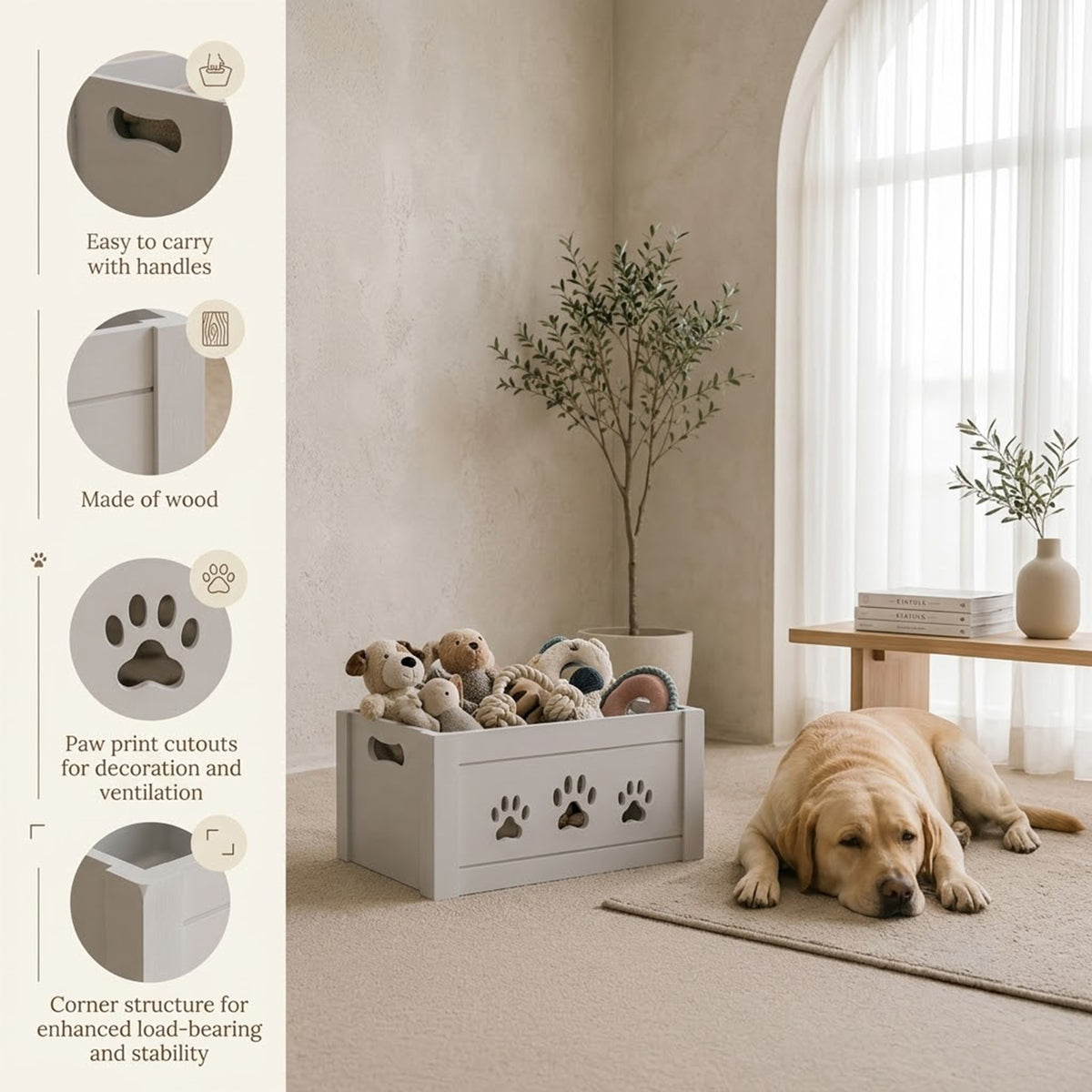 Grey Wooden Dog Toy Storage Box - 3 Sizes