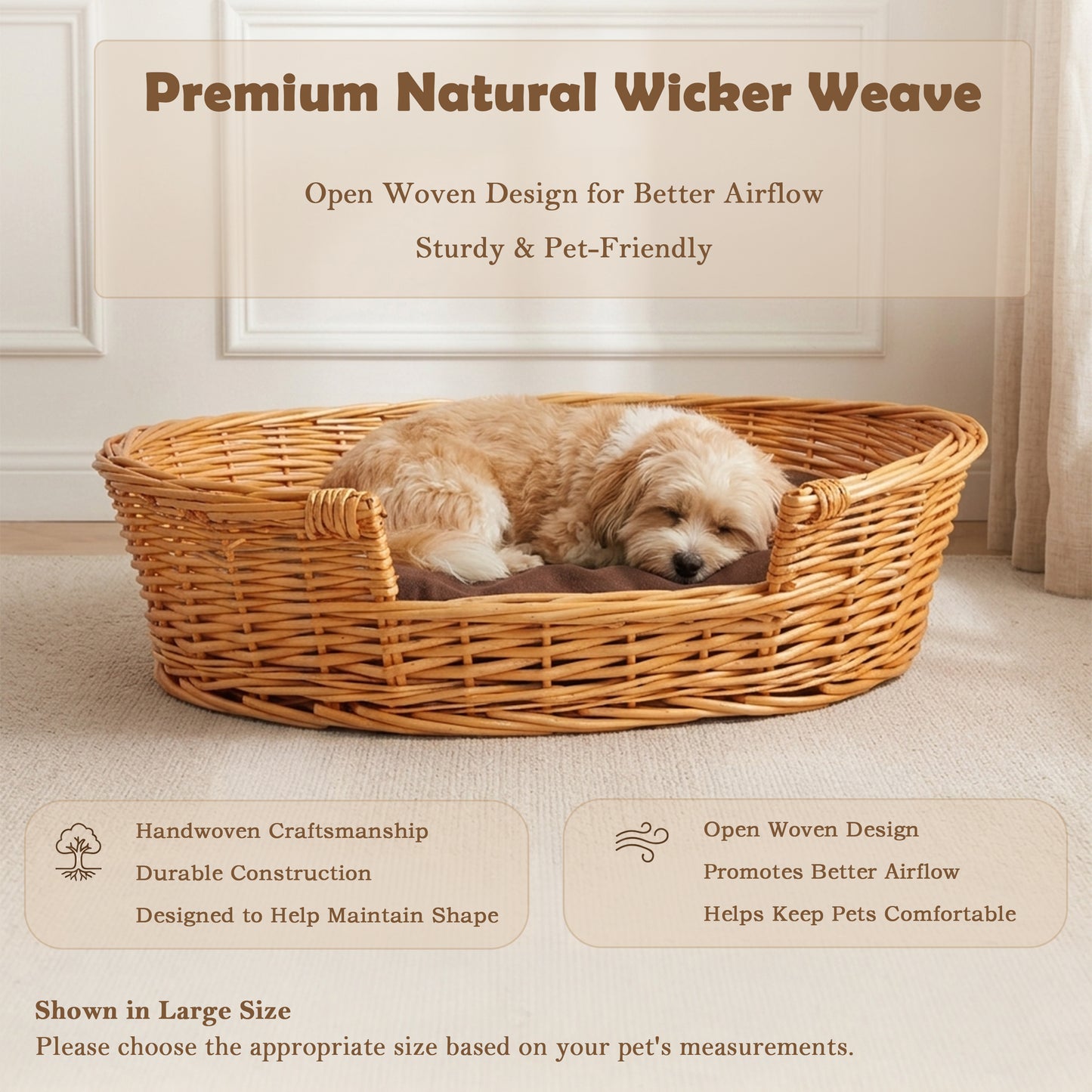 Light Steamed Oval Low Entry Wicker Dog Bed with Cushion - 3 Sizes