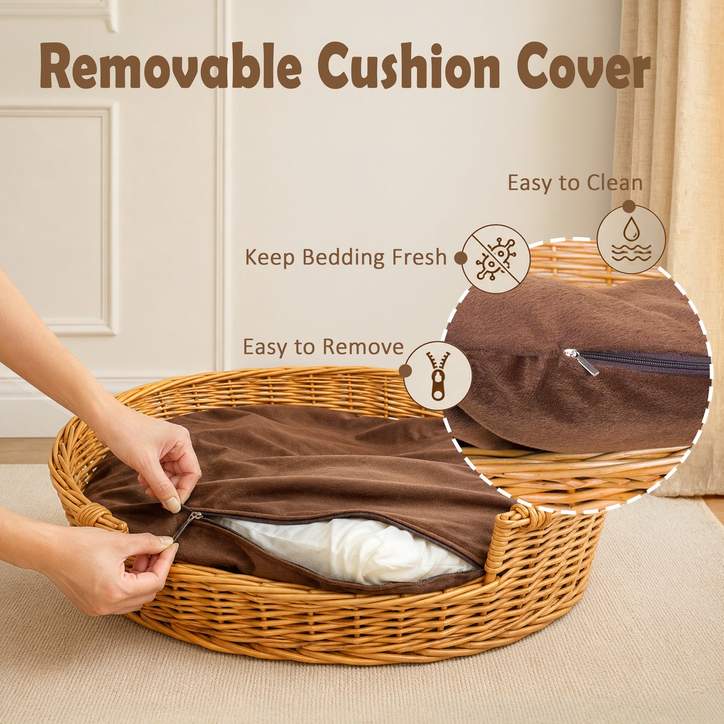 Light Steamed Oval Low Entry Wicker Dog Bed with Cushion - 3 Sizes