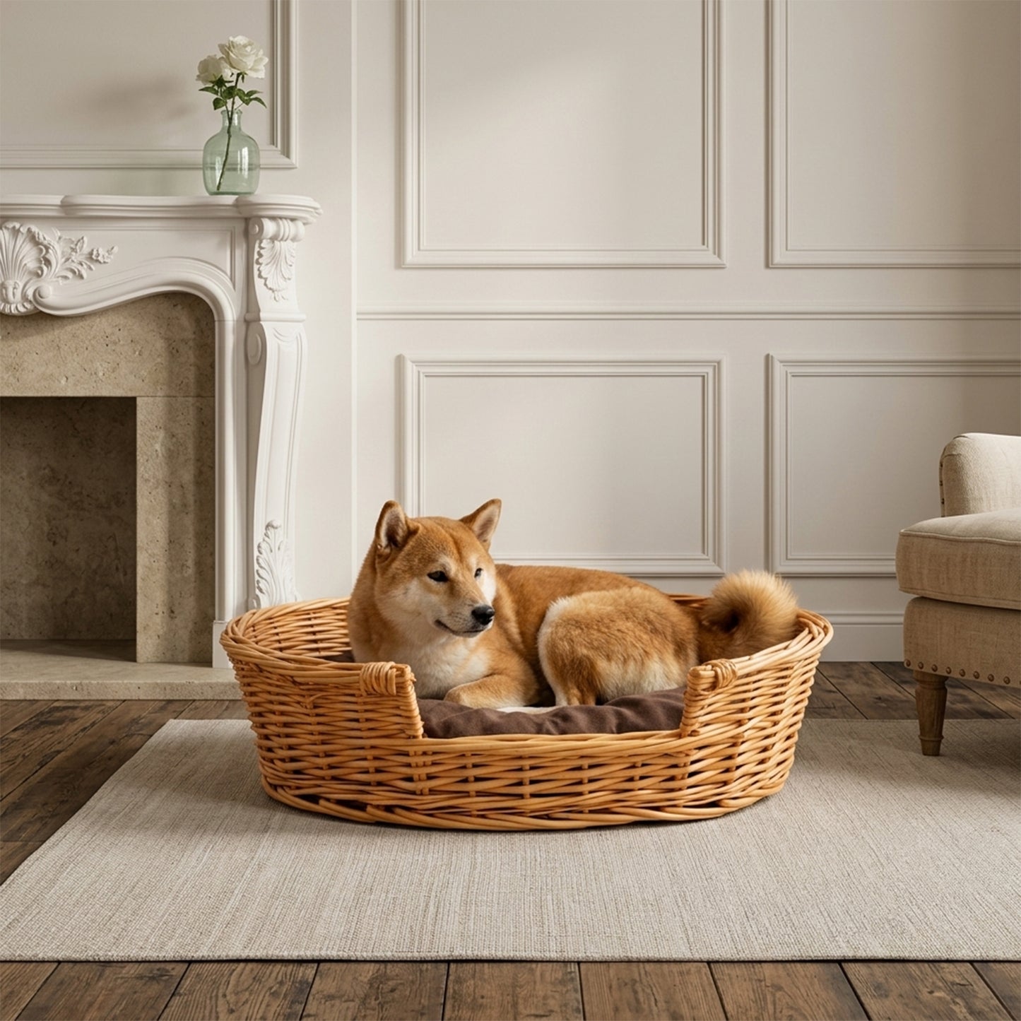 Light Steamed Oval Low Entry Wicker Dog Bed with Cushion - 3 Sizes