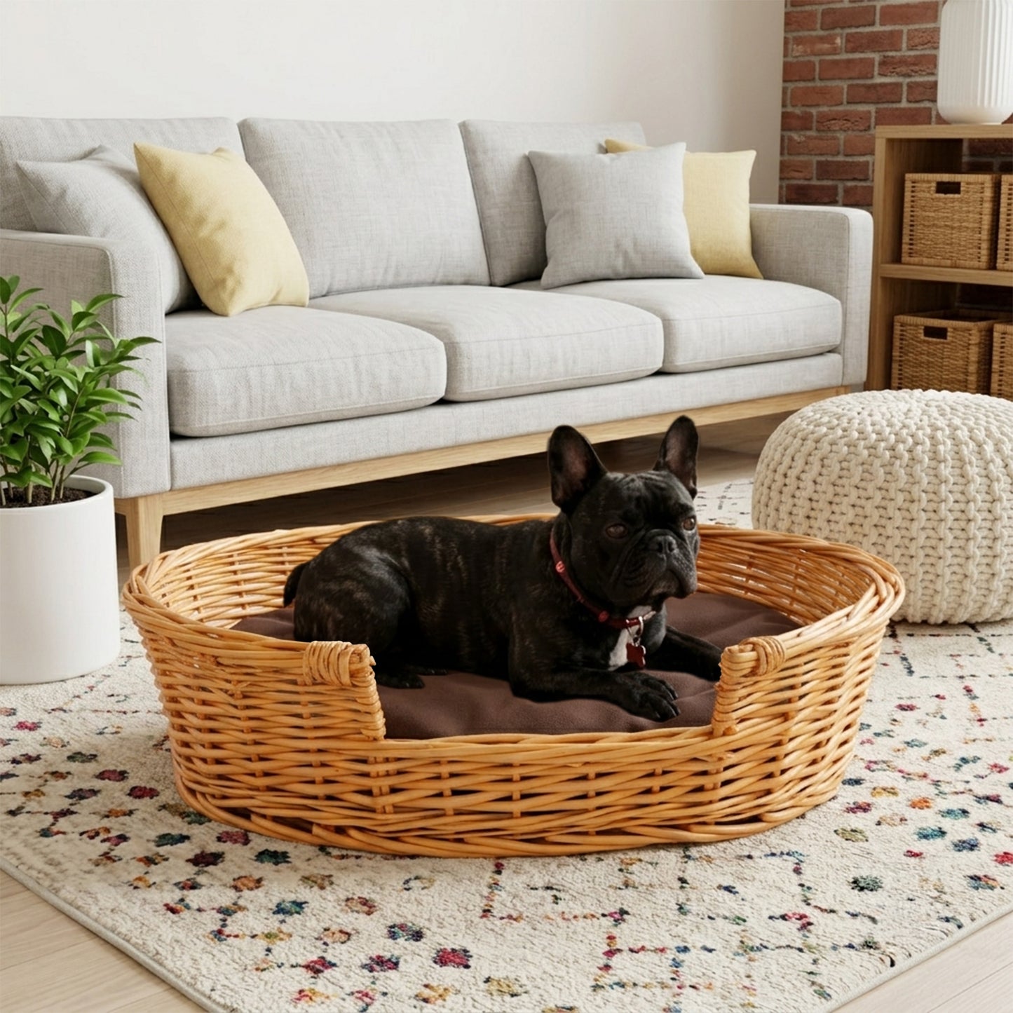 Light Steamed Oval Low Entry Wicker Dog Bed with Cushion - 3 Sizes