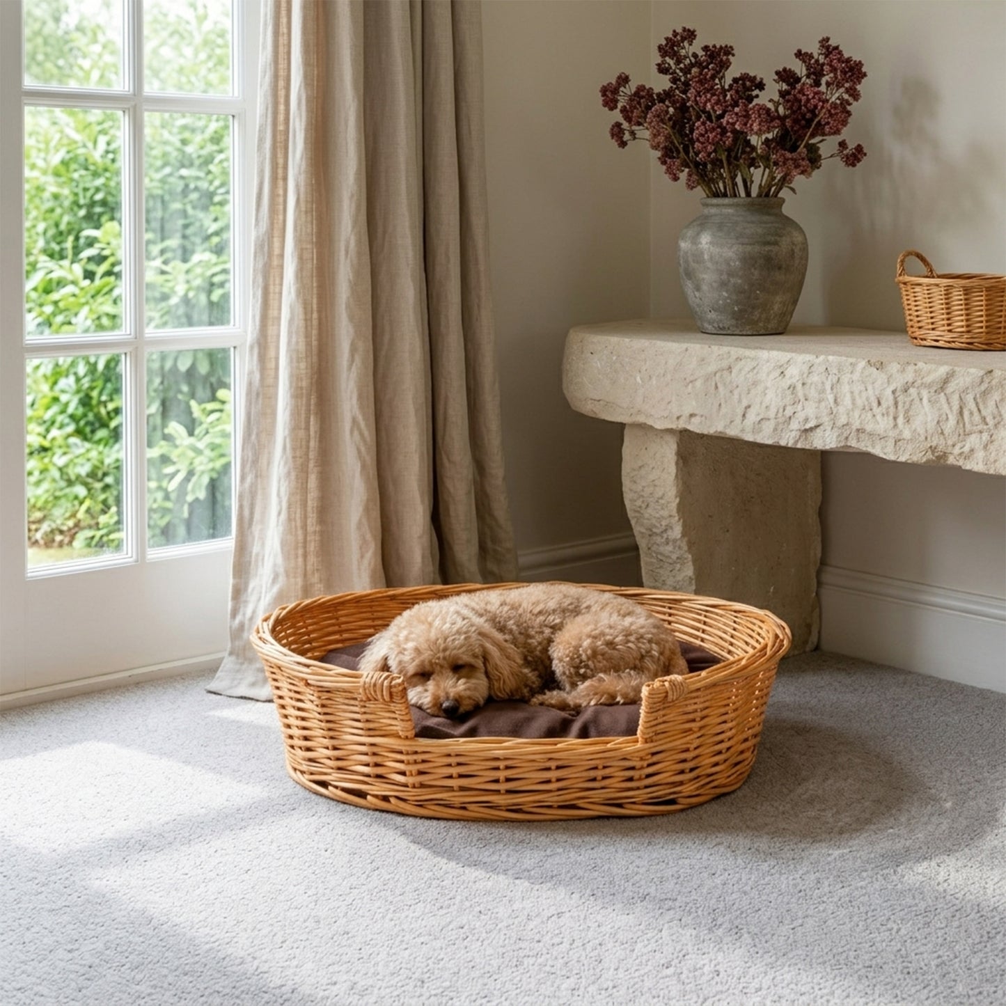 Light Steamed Oval Low Entry Wicker Dog Bed with Cushion - 3 Sizes