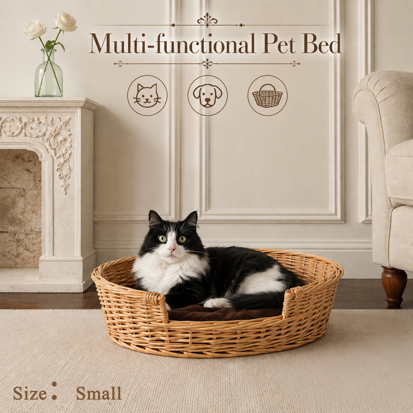 Light Steamed Oval Low Entry Wicker Dog Bed with Cushion - 3 Sizes