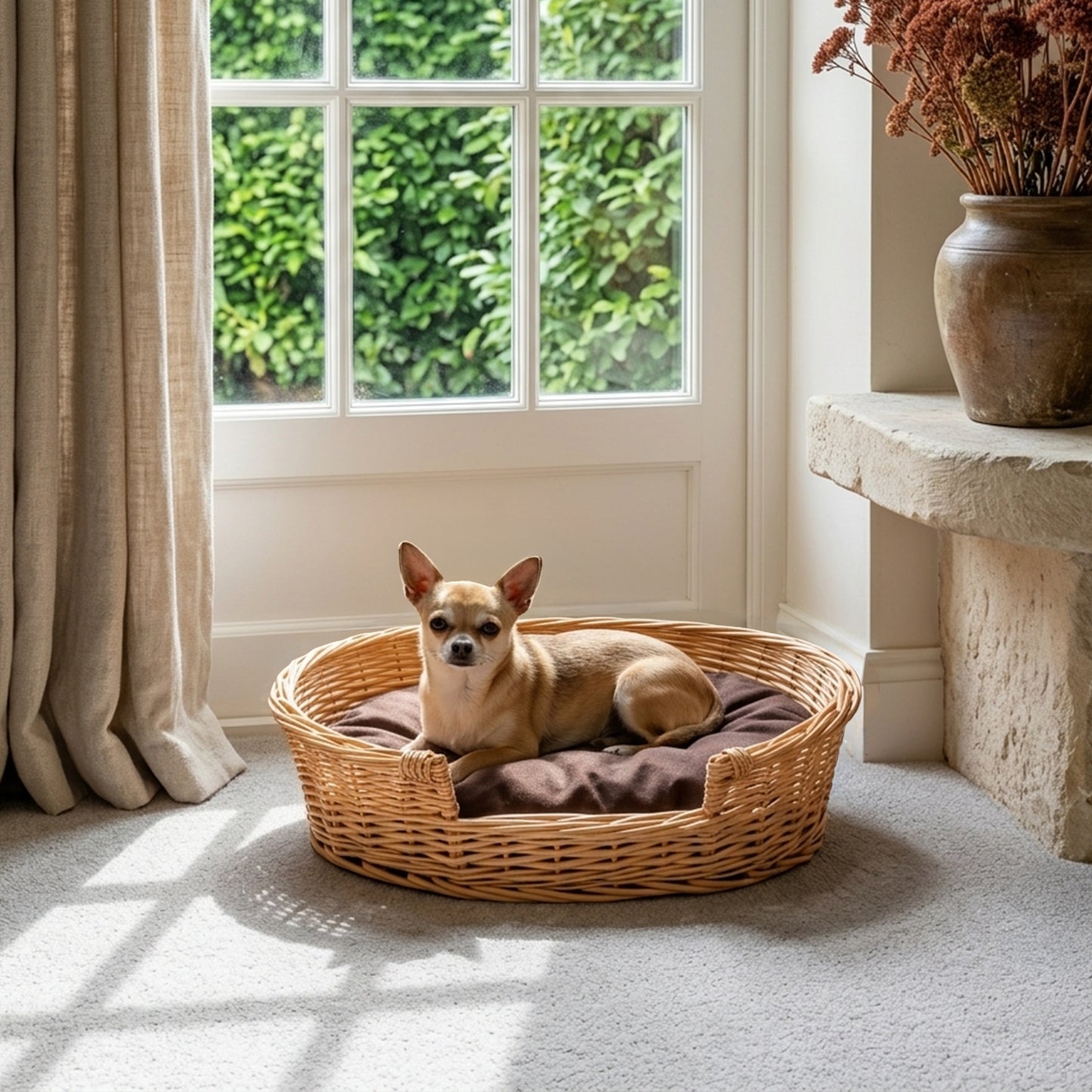 Light Steamed Oval Low Entry Wicker Dog Bed with Cushion - 3 Sizes