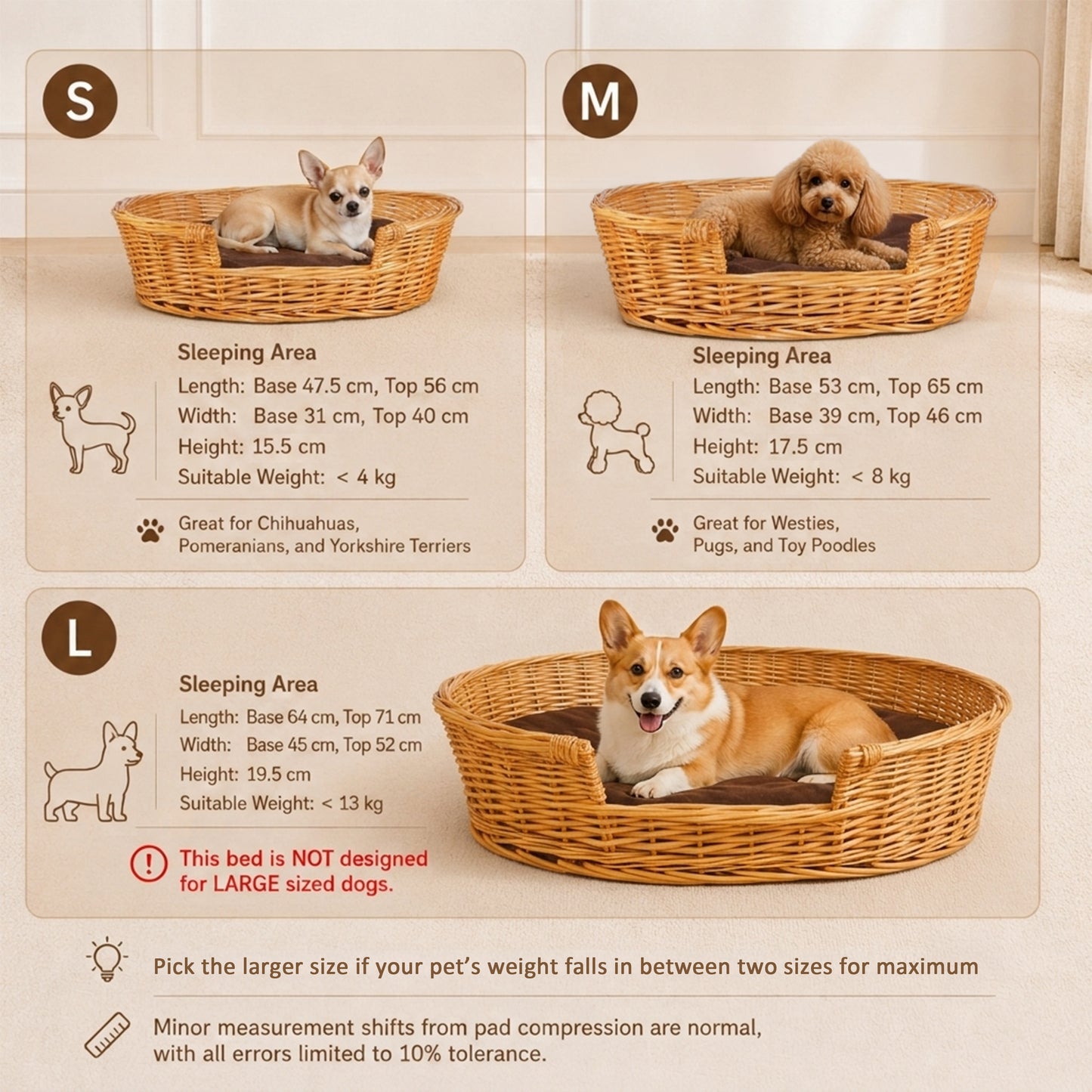 Light Steamed Oval Low Entry Wicker Dog Bed with Cushion - 3 Sizes