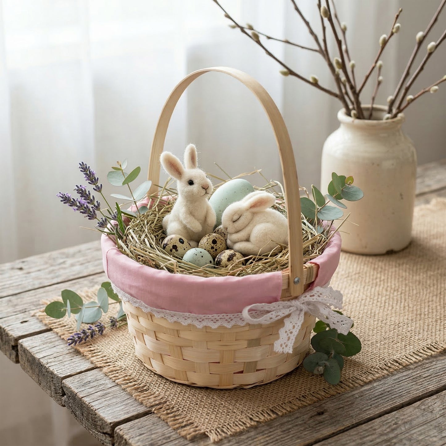 Small Bamboo Shopper Easter Basket with Pink Lining