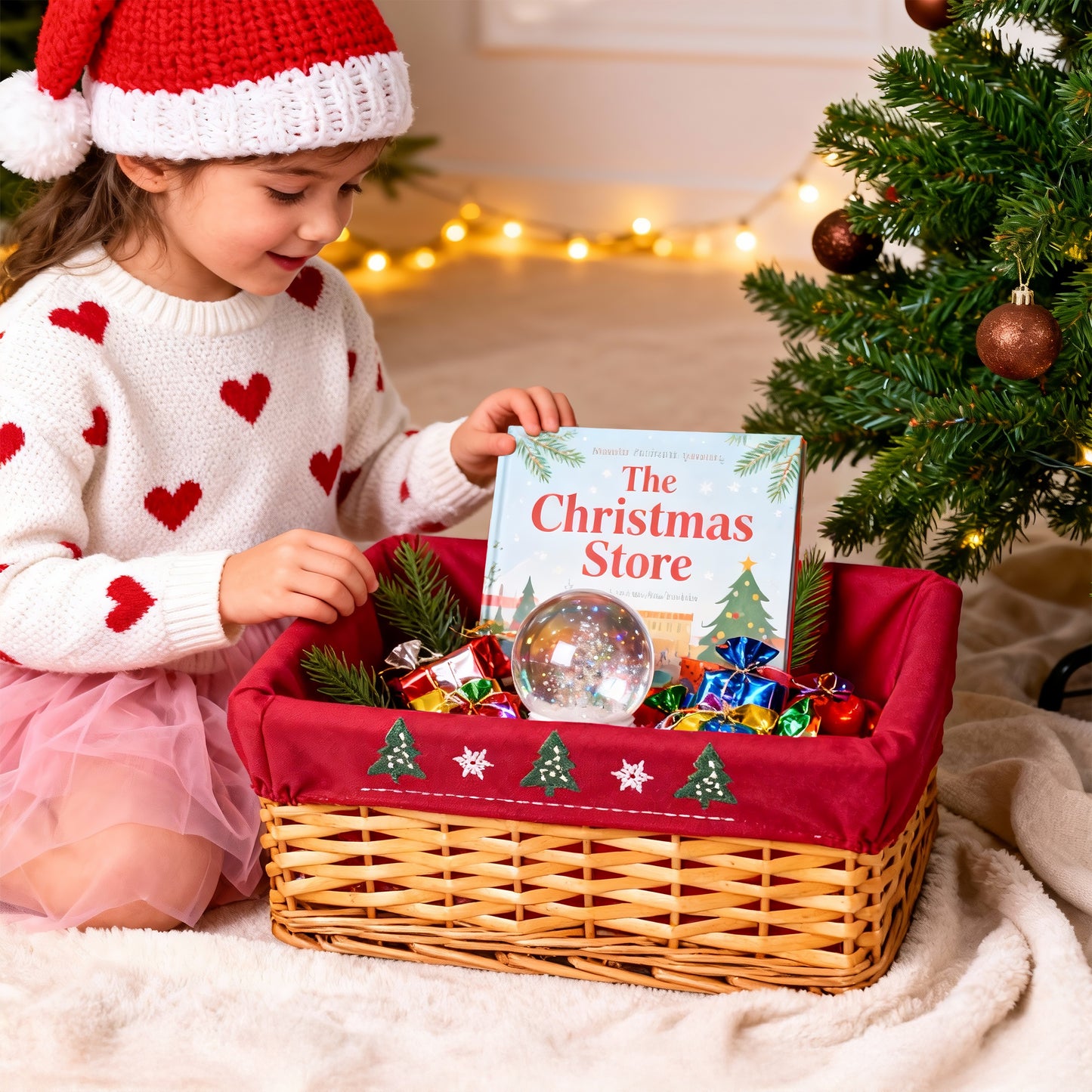 Light Steamed Wicker Basket Tray with Christmas Lining - 2 Sizes