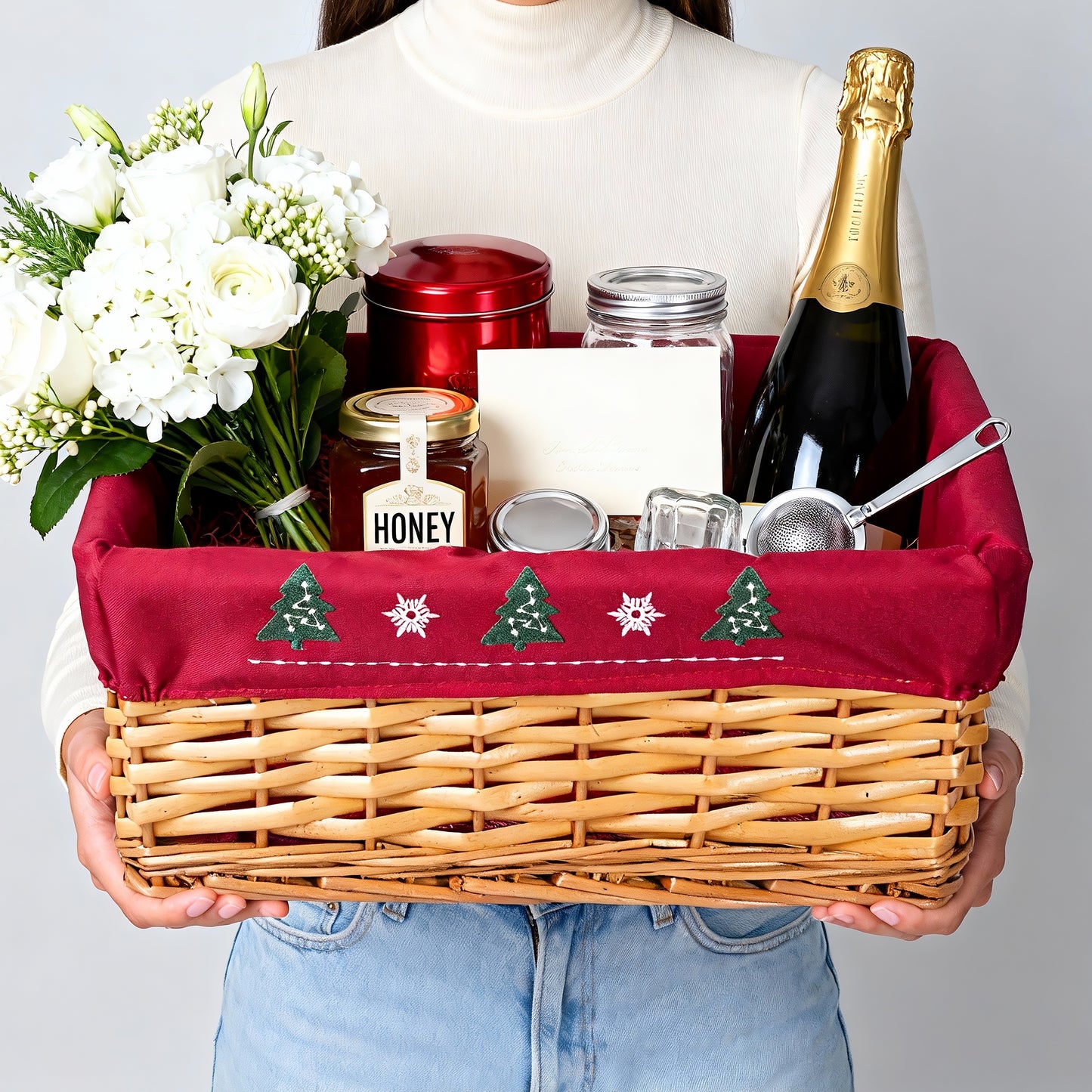 Light Steamed Wicker Basket Tray with Christmas Lining - 2 Sizes