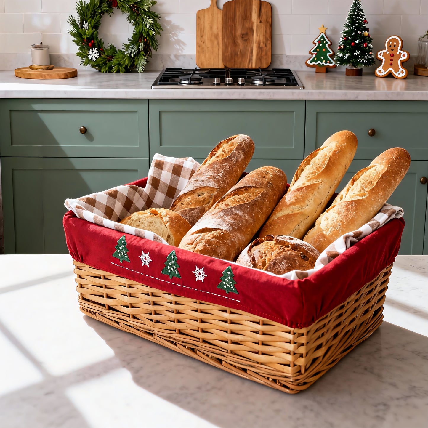Light Steamed Wicker Basket Tray with Christmas Lining - 2 Sizes