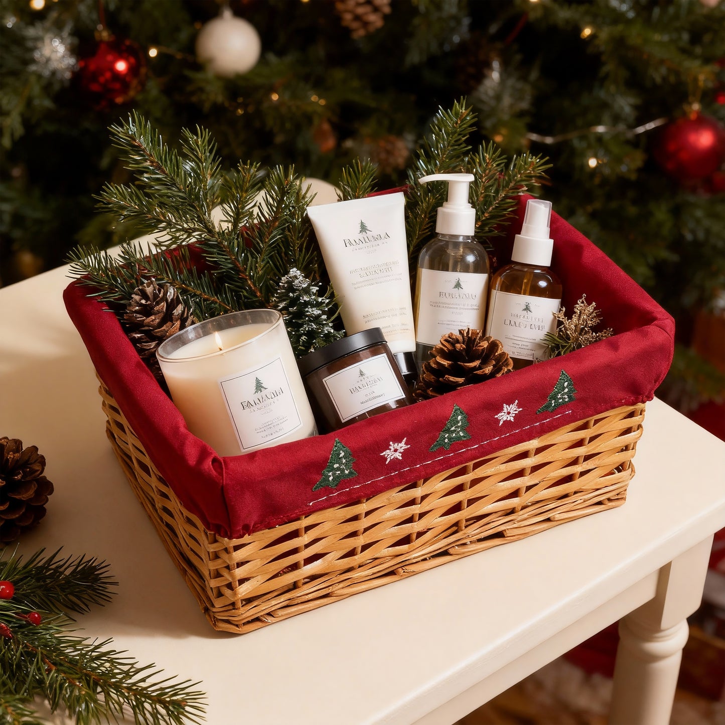 Light Steamed Wicker Basket Tray with Christmas Lining - 2 Sizes