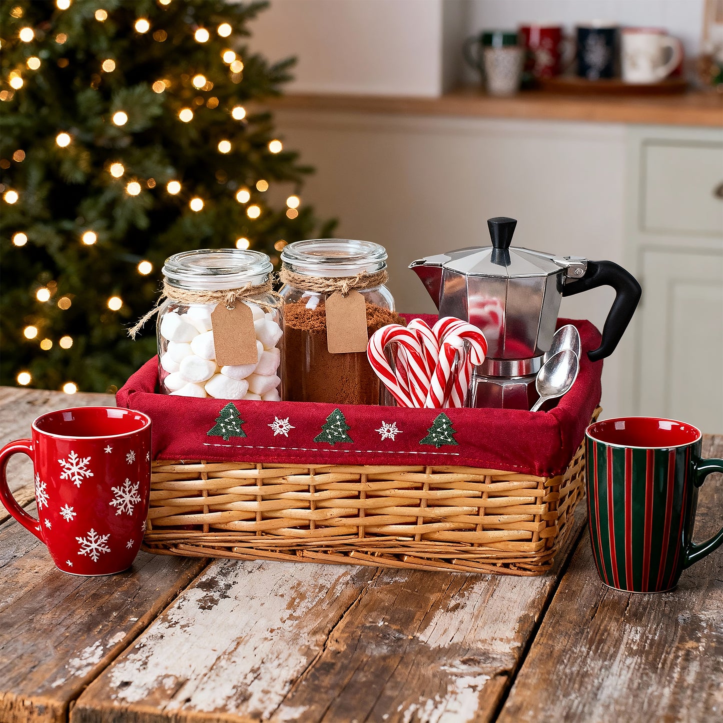 Light Steamed Wicker Basket Tray with Christmas Lining - 2 Sizes
