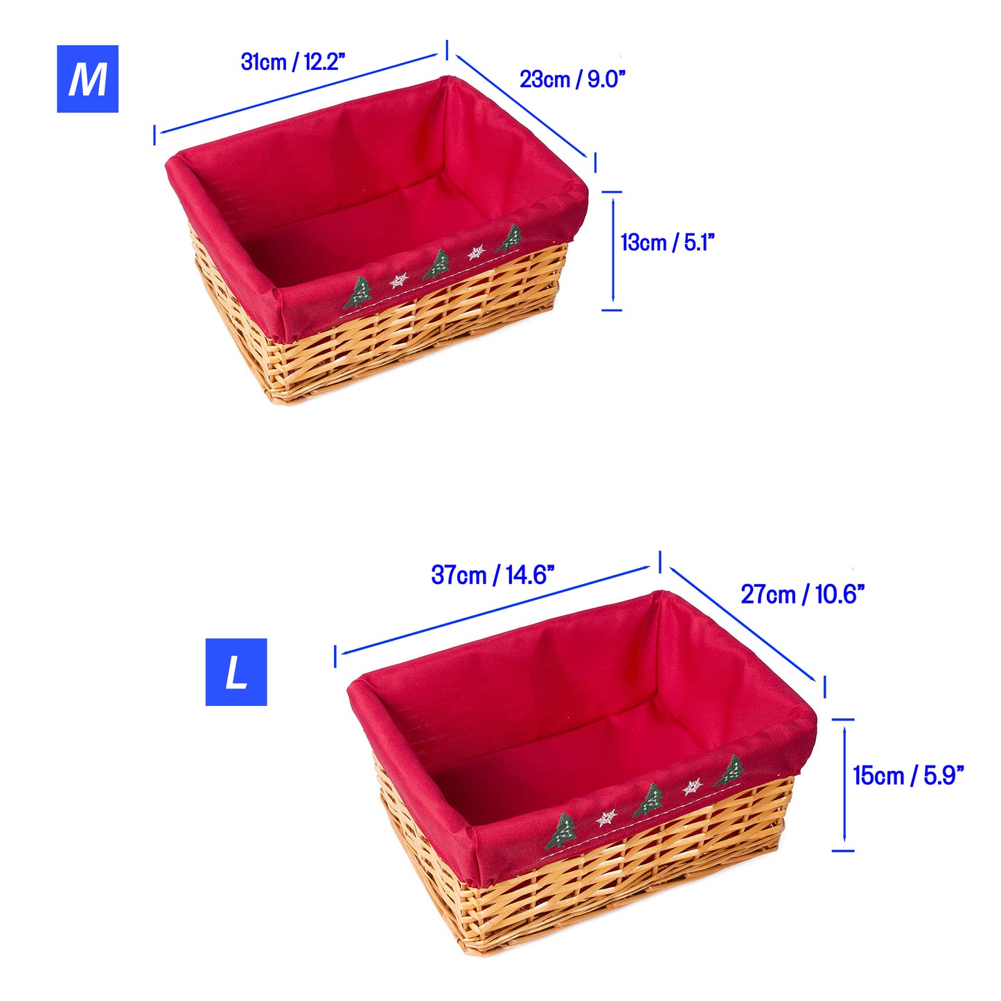 Light Steamed Wicker Basket Tray with Christmas Lining - 2 Sizes