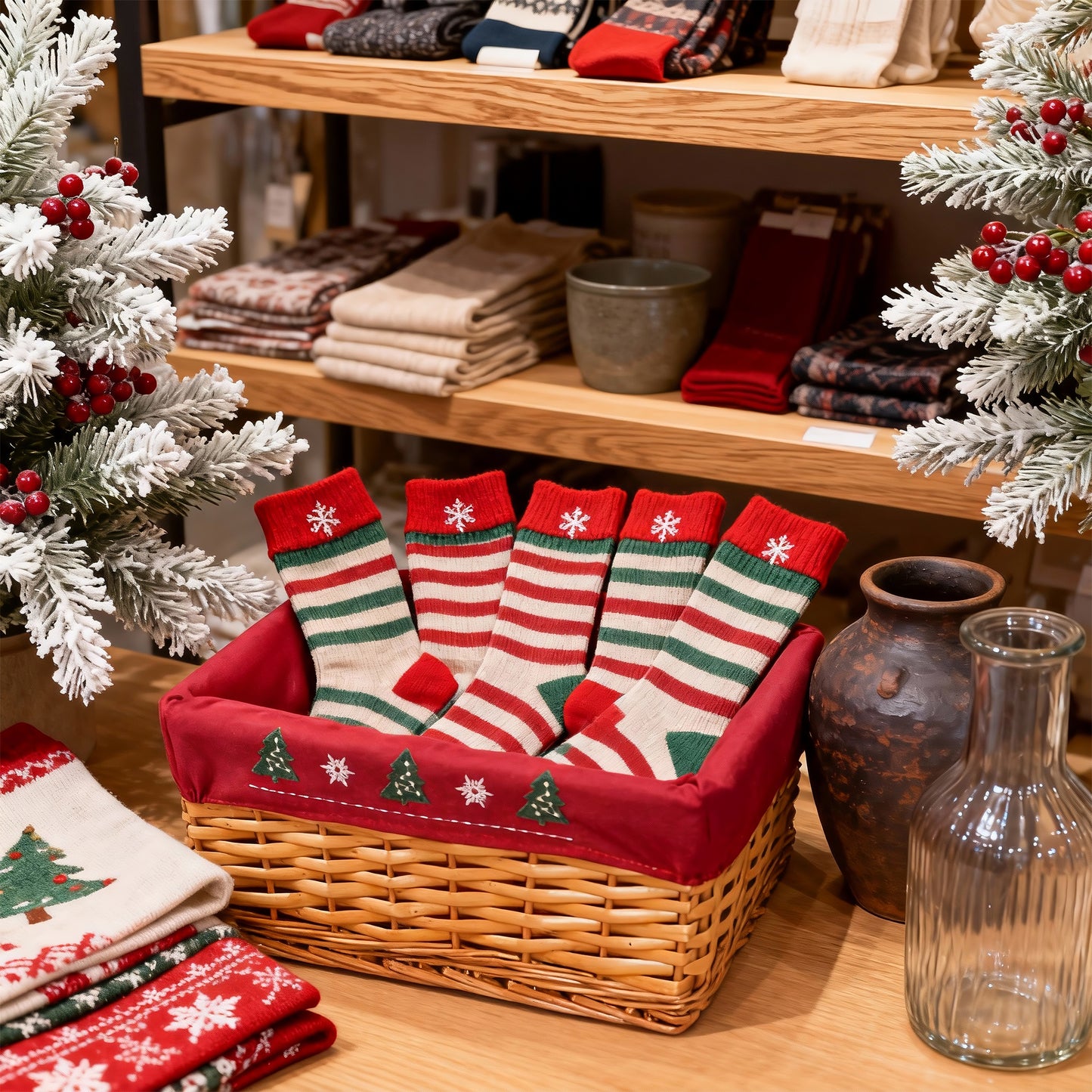Light Steamed Wicker Basket Tray with Christmas Lining - 2 Sizes