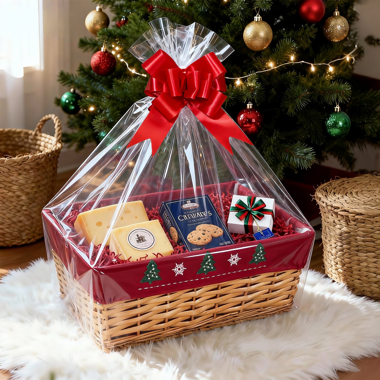 Light Steamed Wicker Basket Tray with Christmas Lining - 2 Sizes