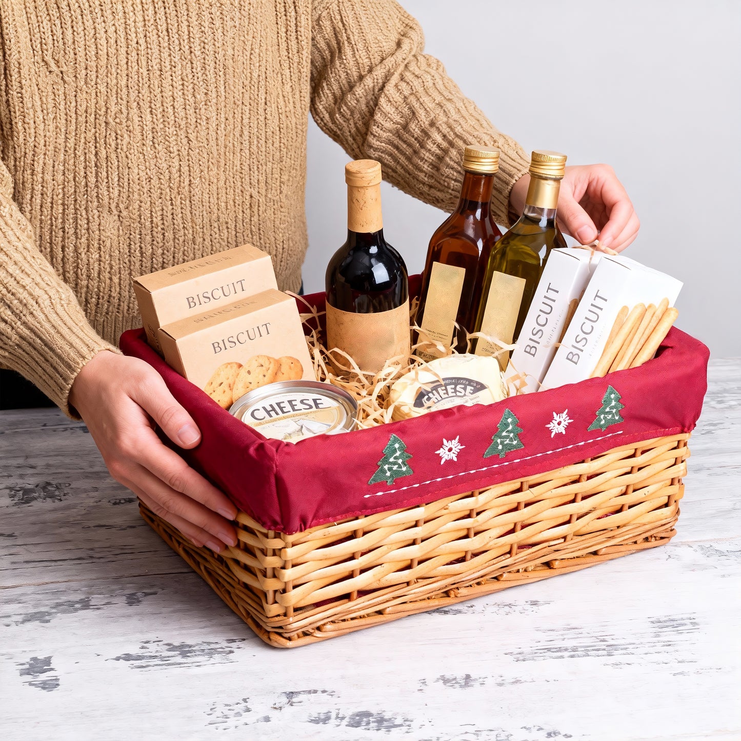 Light Steamed Wicker Basket Tray with Christmas Lining - 2 Sizes