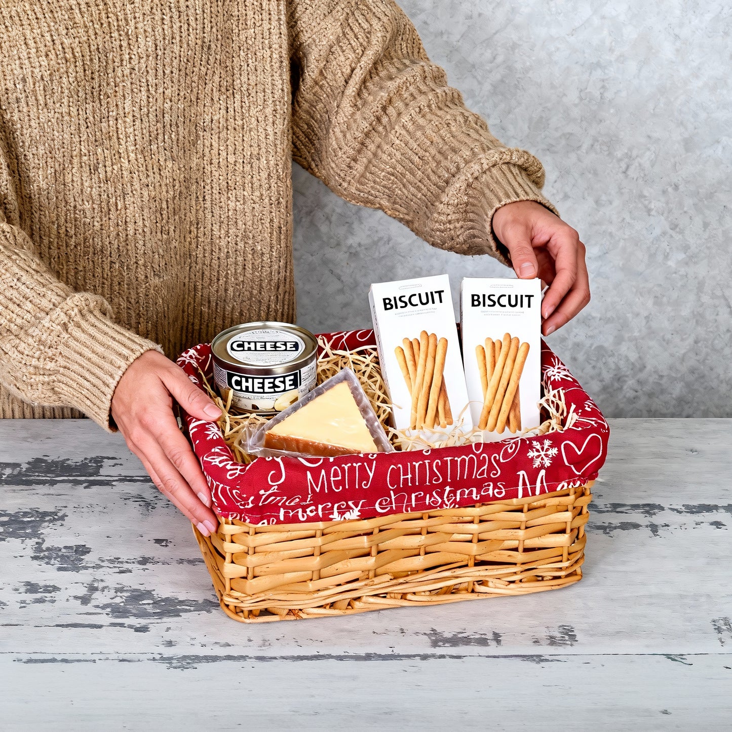 Small Light Steamed Wicker Basket Tray with Christmas Lining