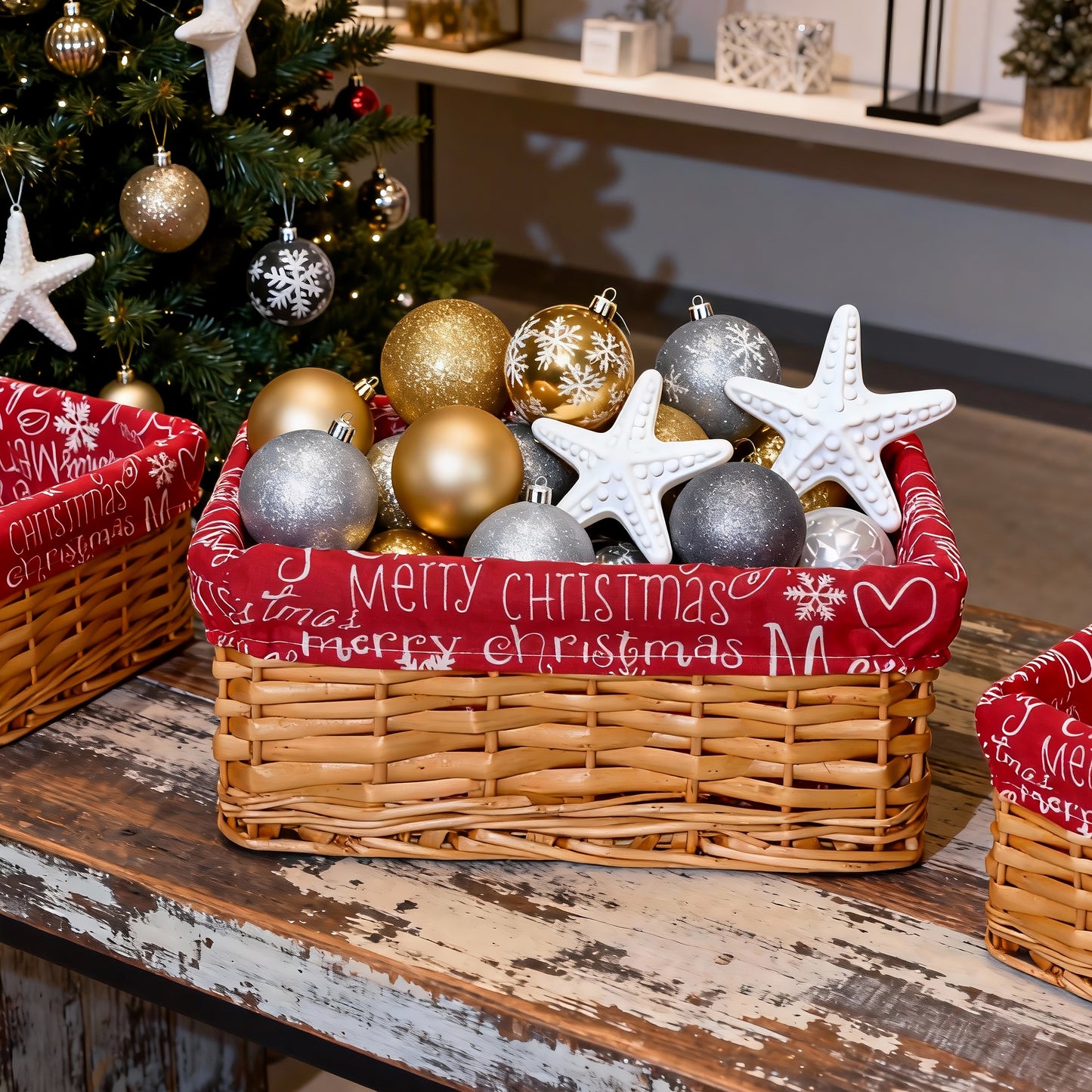 Small Light Steamed Wicker Basket Tray with Christmas Lining