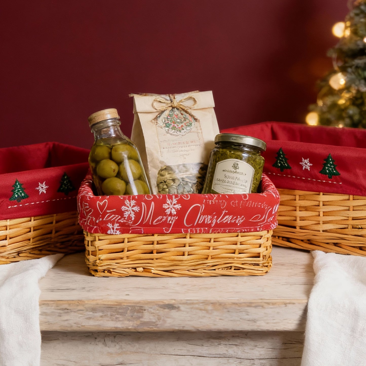 Small Light Steamed Wicker Basket Tray with Christmas Lining