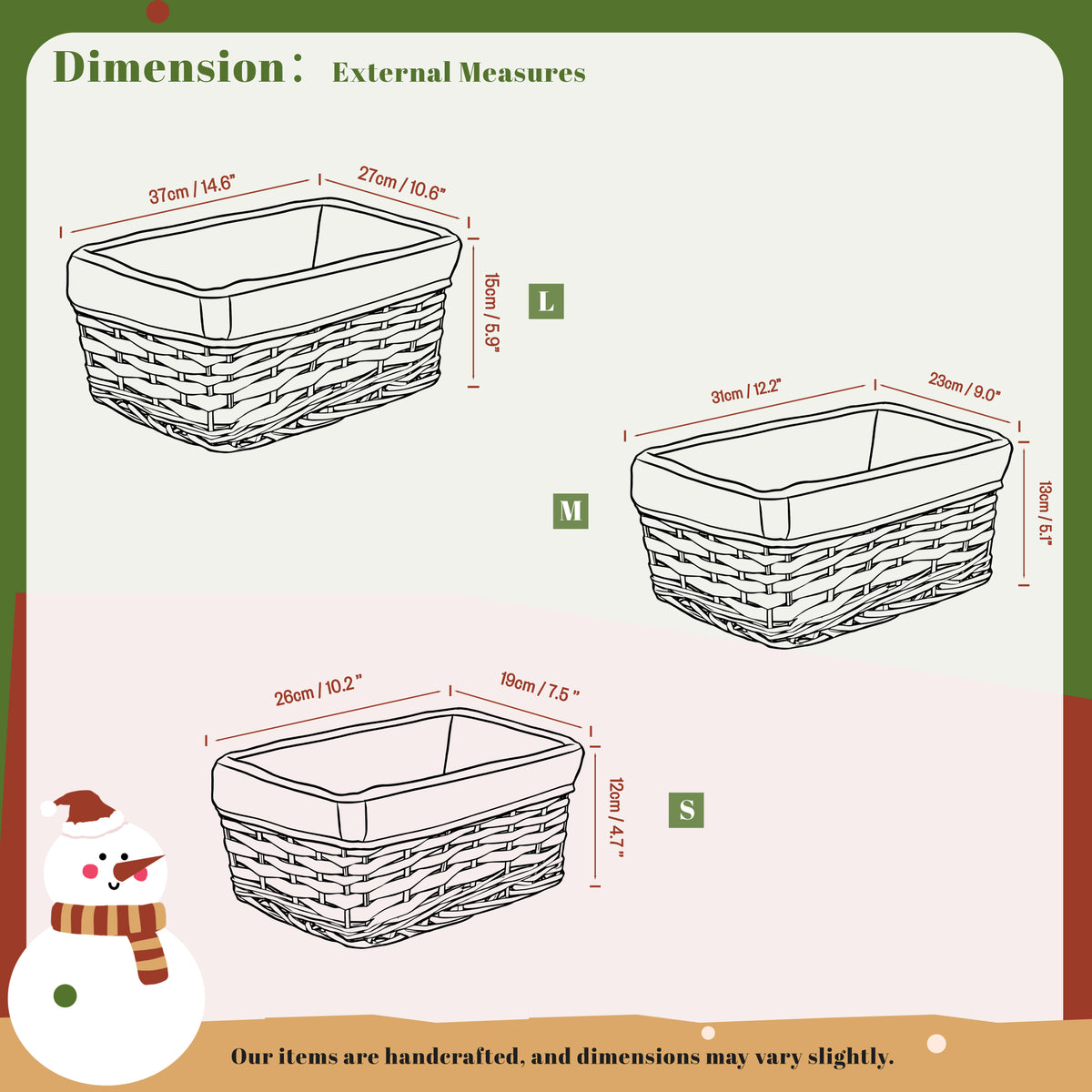 Light Steamed Wicker Basket Tray with Christmas Lining - 3 Sizes
