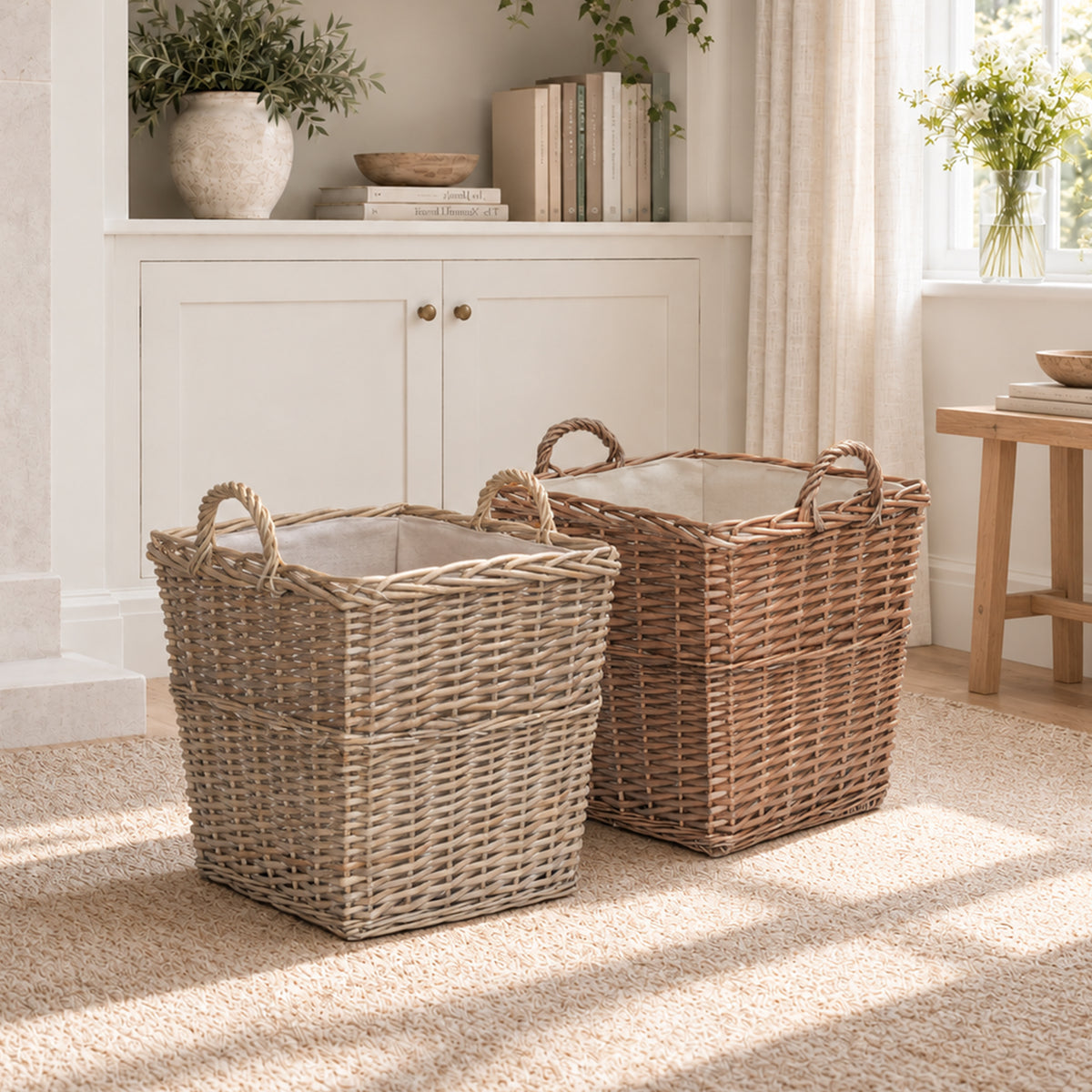 Antique Wash Square Wicker Log Basket with Lining