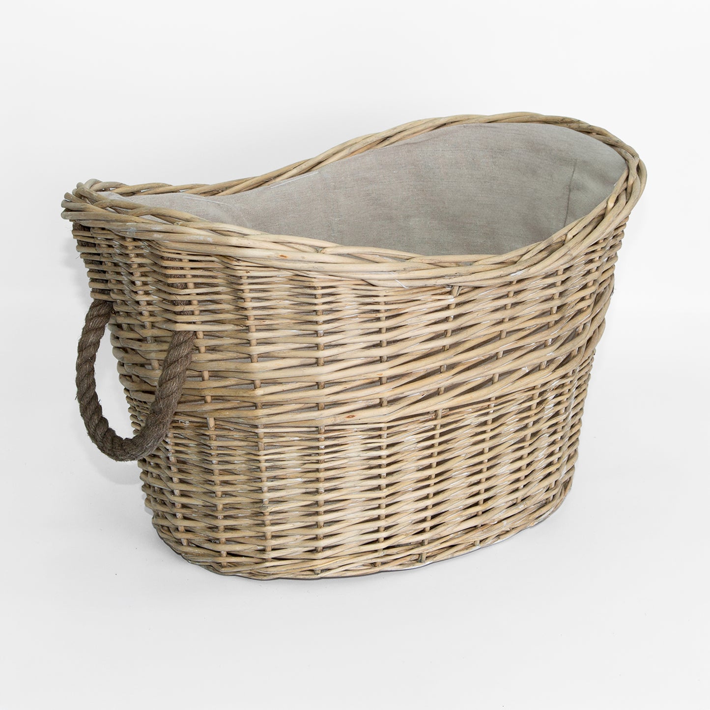 Antique Wash Oval Rope Handled Wicker Log Basket