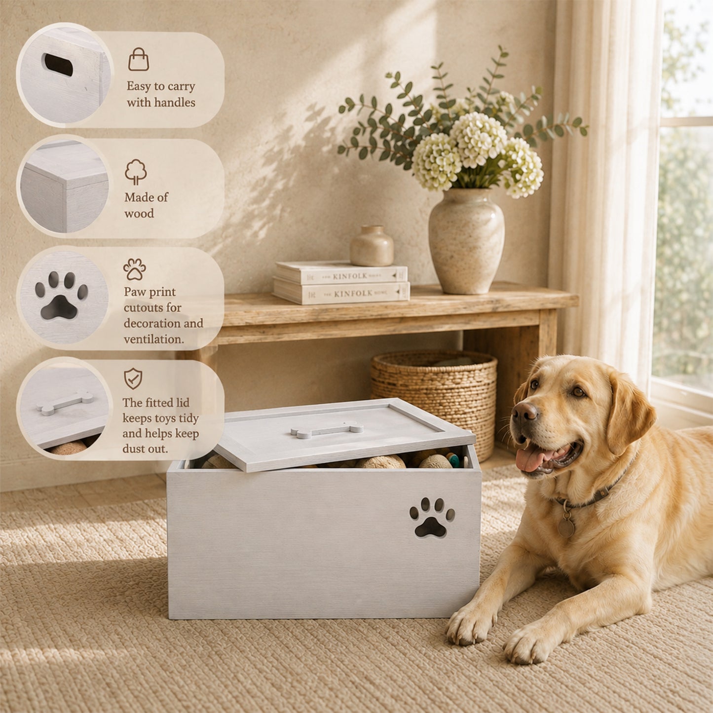 Grey Wooden Dog Toy Storage Box - 2 Sizes