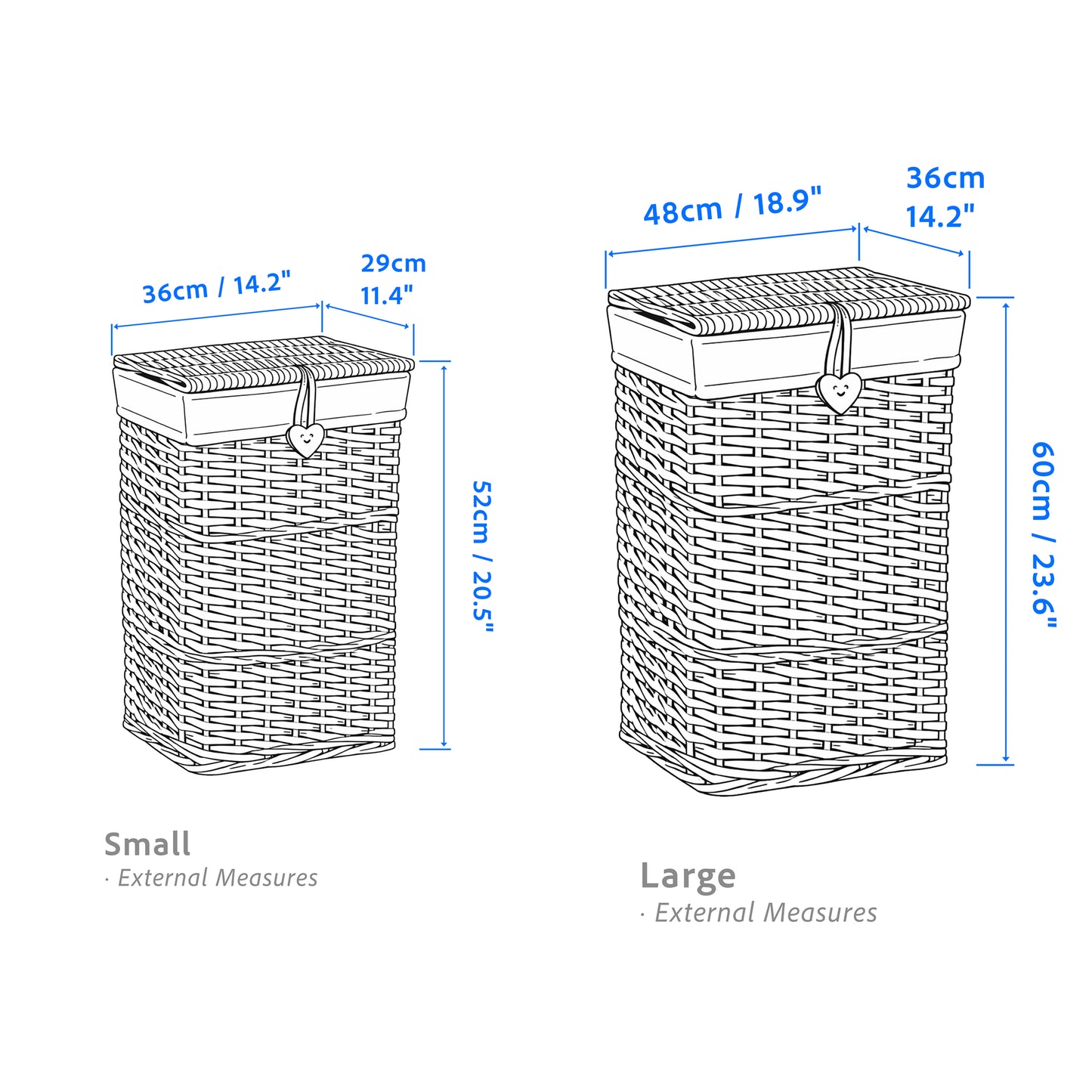 Grey Rectangular Wicker Laundry Basket with Lining - 2 Sizes