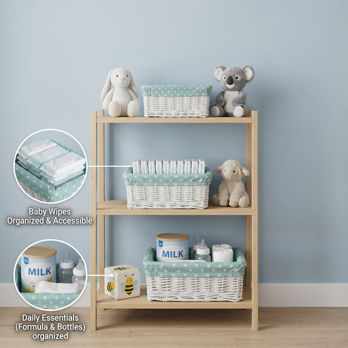 White Wicker Storage Basket with Green Star Pattern Lining - 3 Sizes
