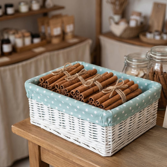 White Wicker Storage Basket with Green Star Pattern Lining - 3 Sizes