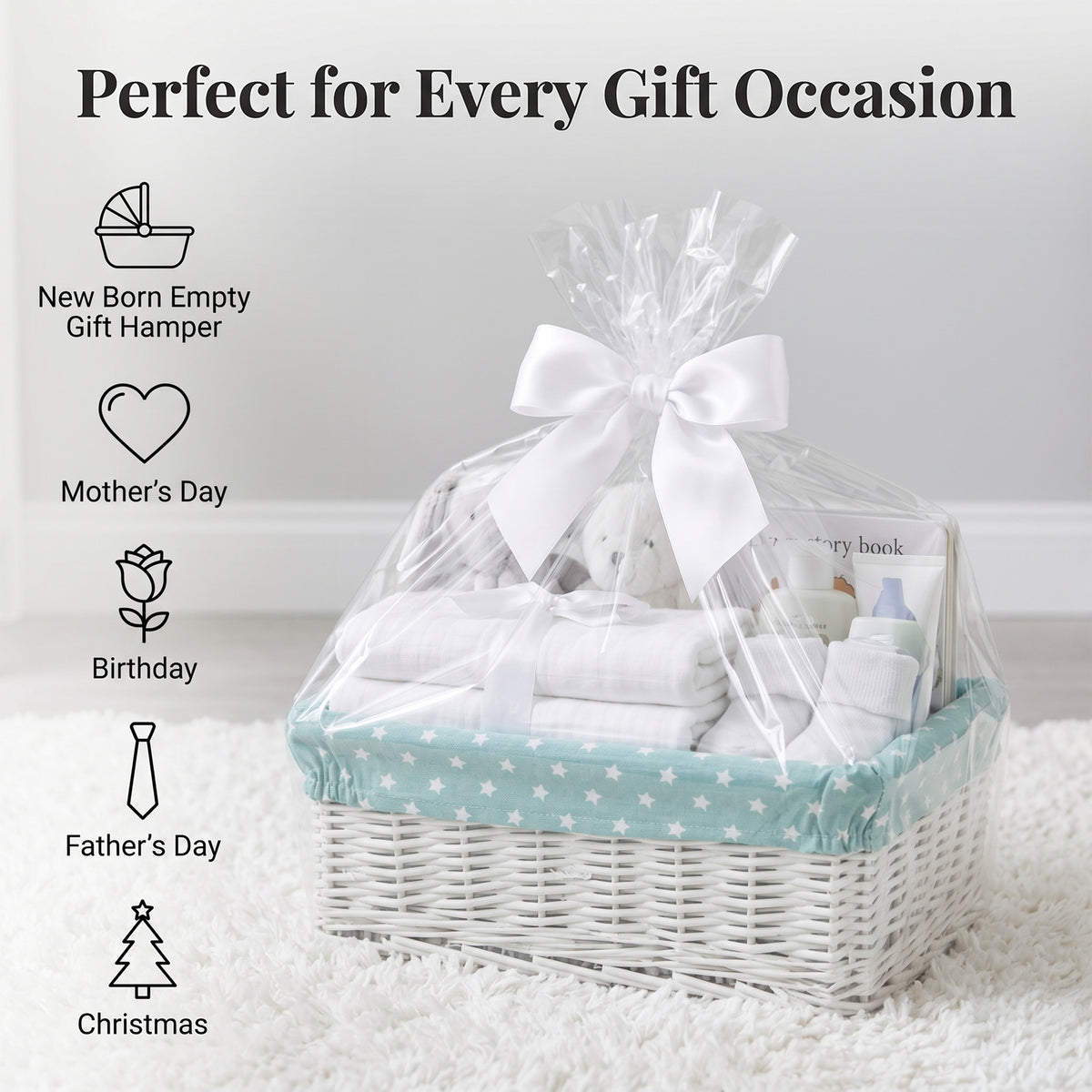 White Wicker Storage Basket with Green Star Pattern Lining - 3 Sizes