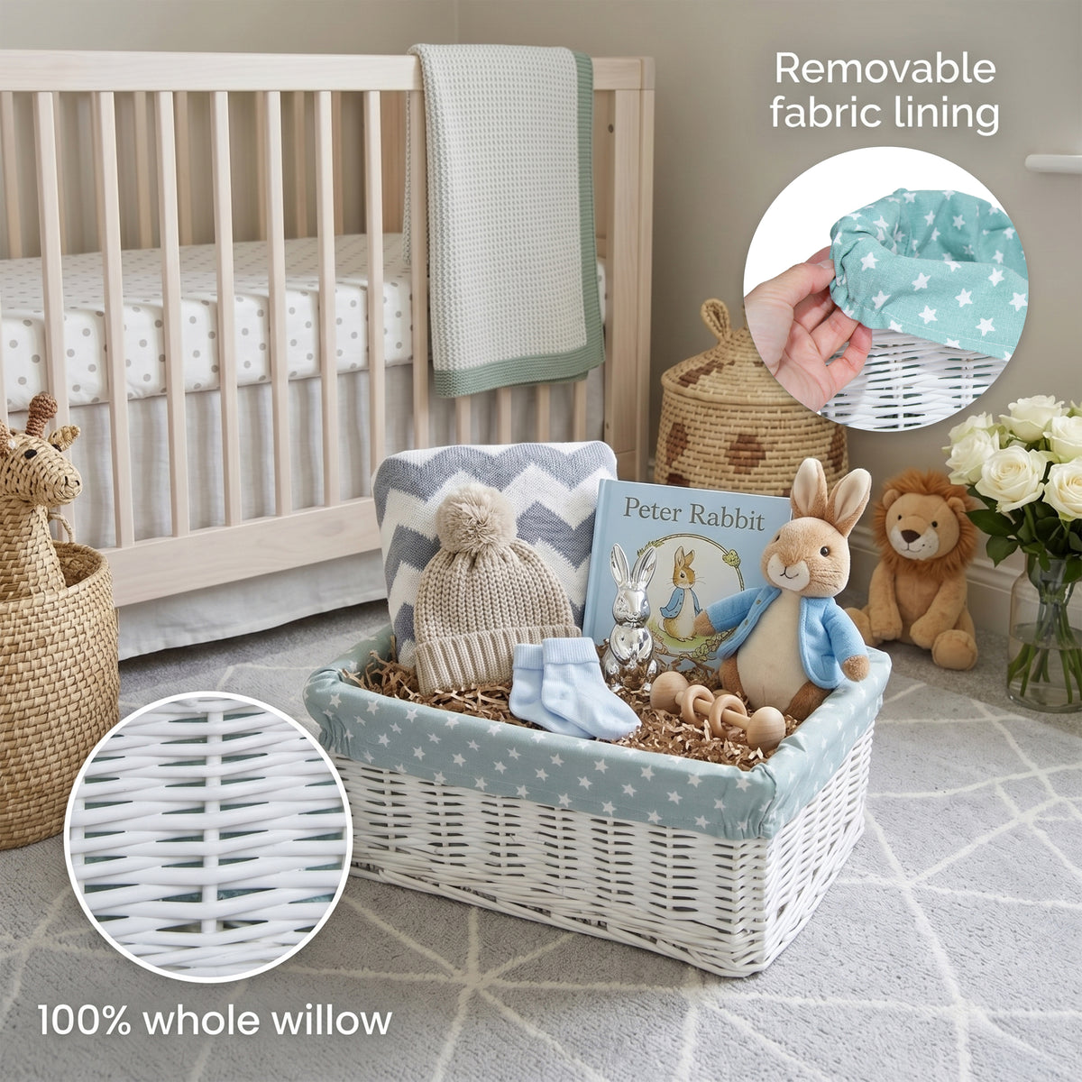 White Wicker Storage Basket with Green Star Pattern Lining - 3 Sizes
