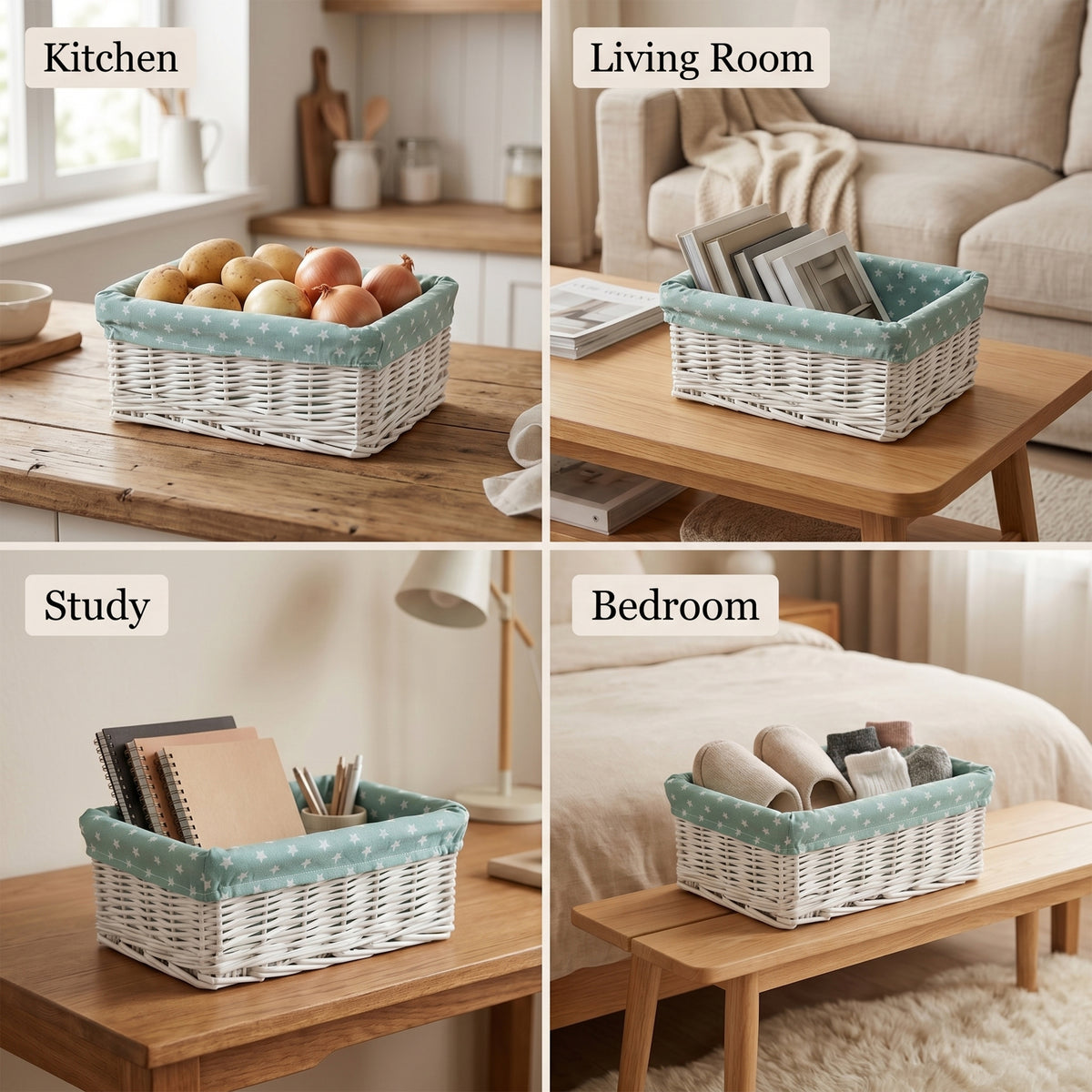 White Wicker Storage Basket with Green Star Pattern Lining - 3 Sizes