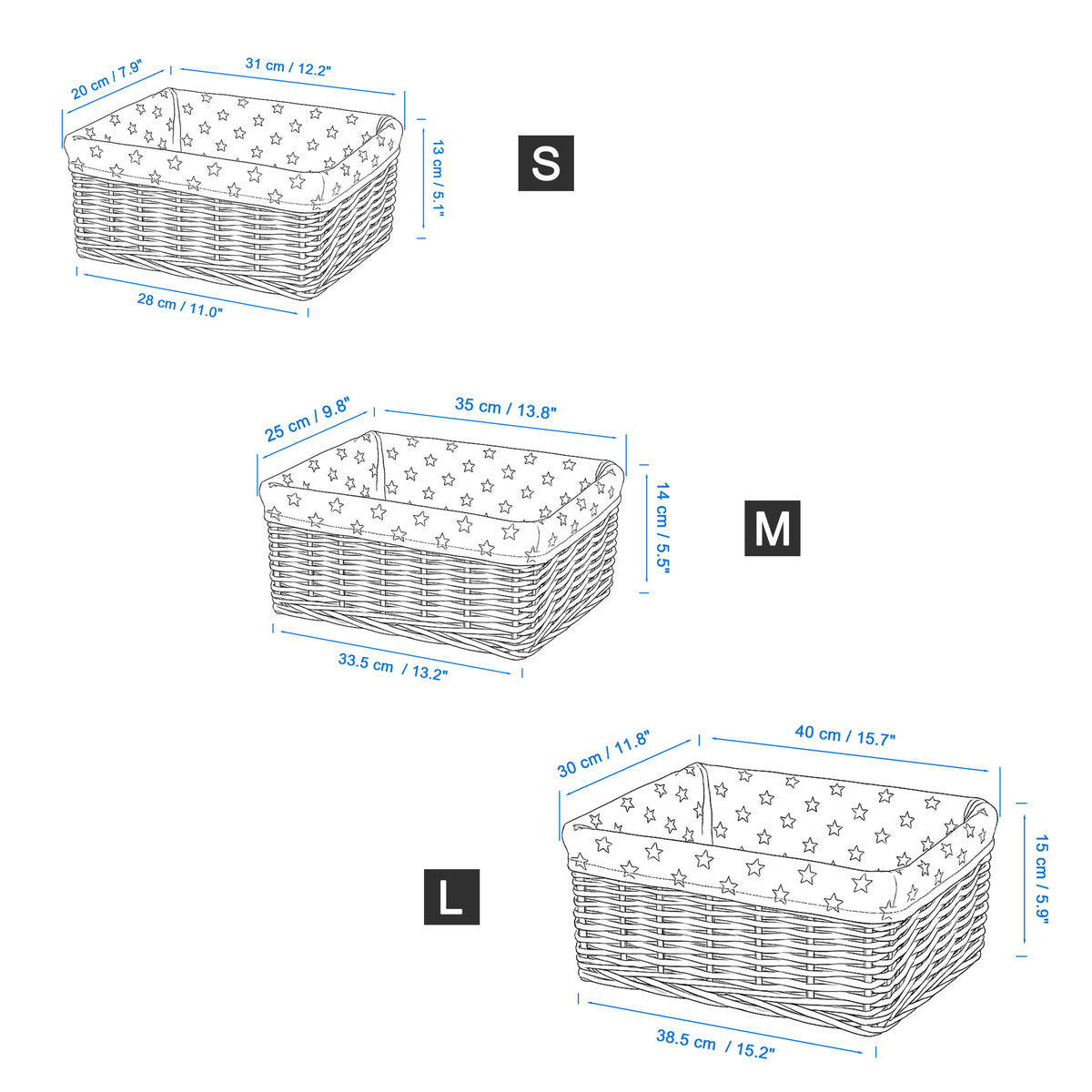White Wicker Storage Basket with Green Star Pattern Lining - 3 Sizes