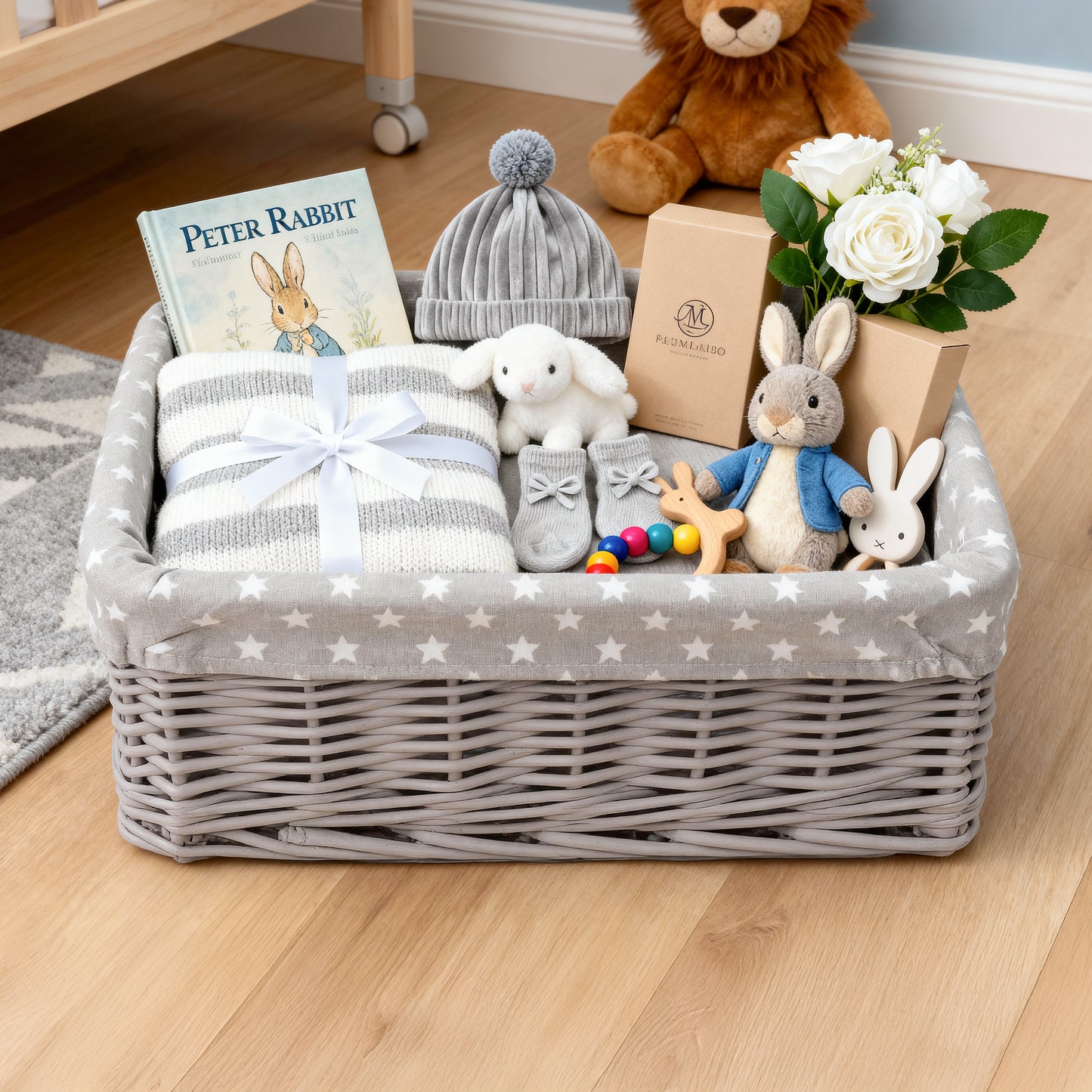 Grey Wicker Storage Basket with Star Pattern Lining - 3 Sizes