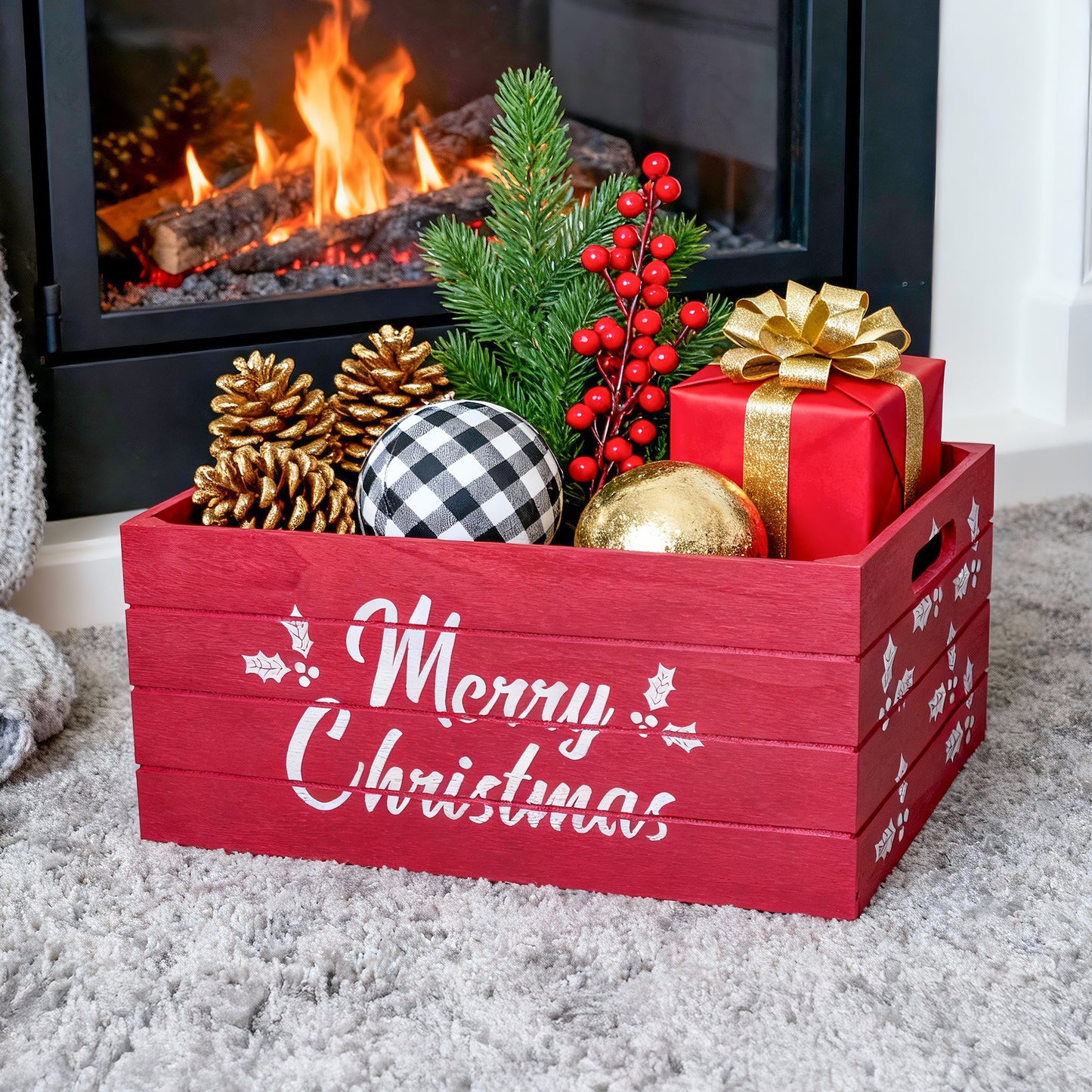 Red Christmas Wooden Storage Crate