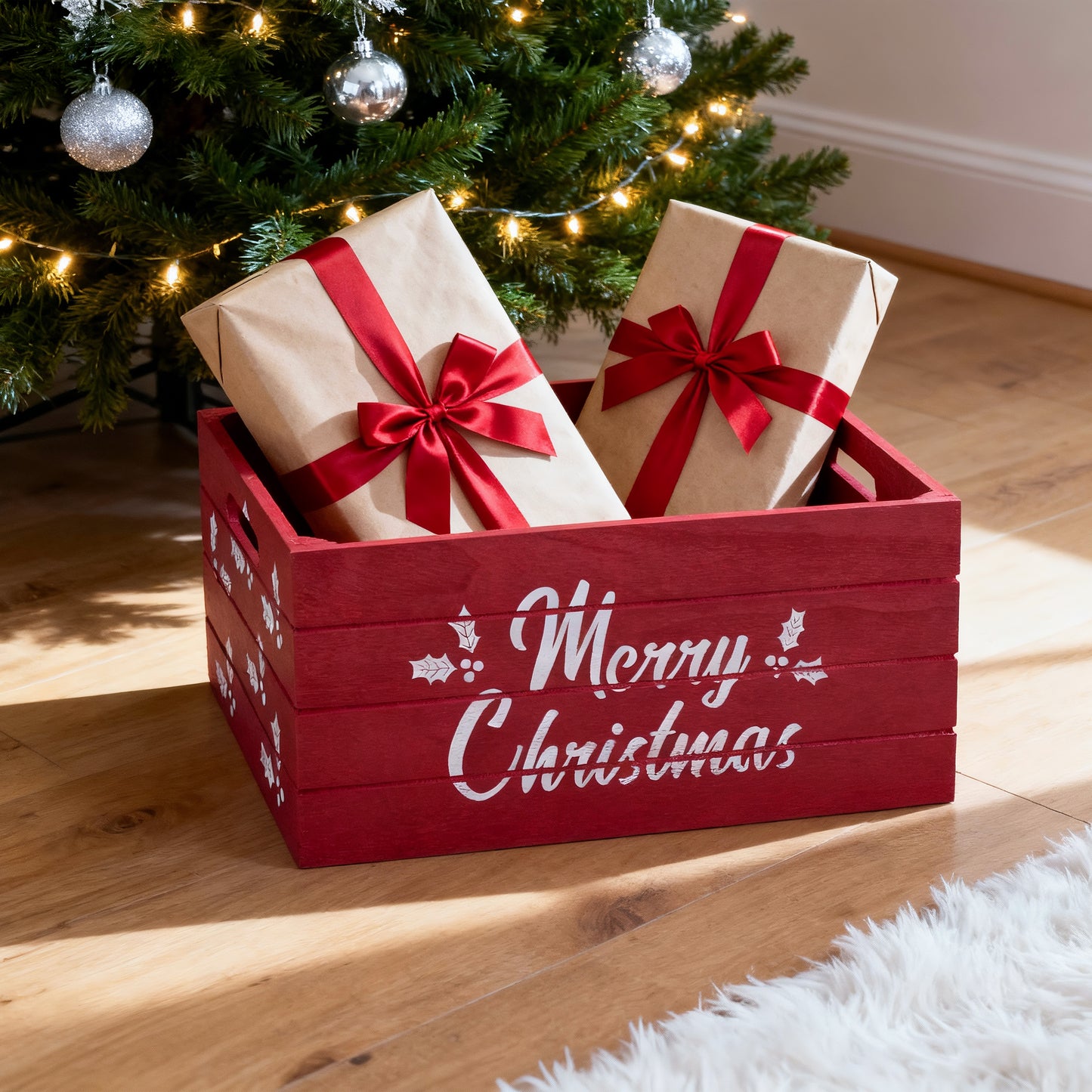 Red Christmas Wooden Storage Crate