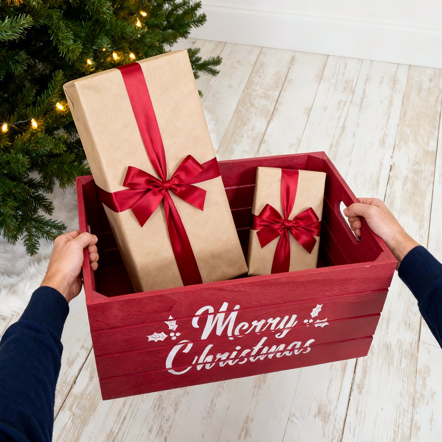 Red Christmas Wooden Storage Crate