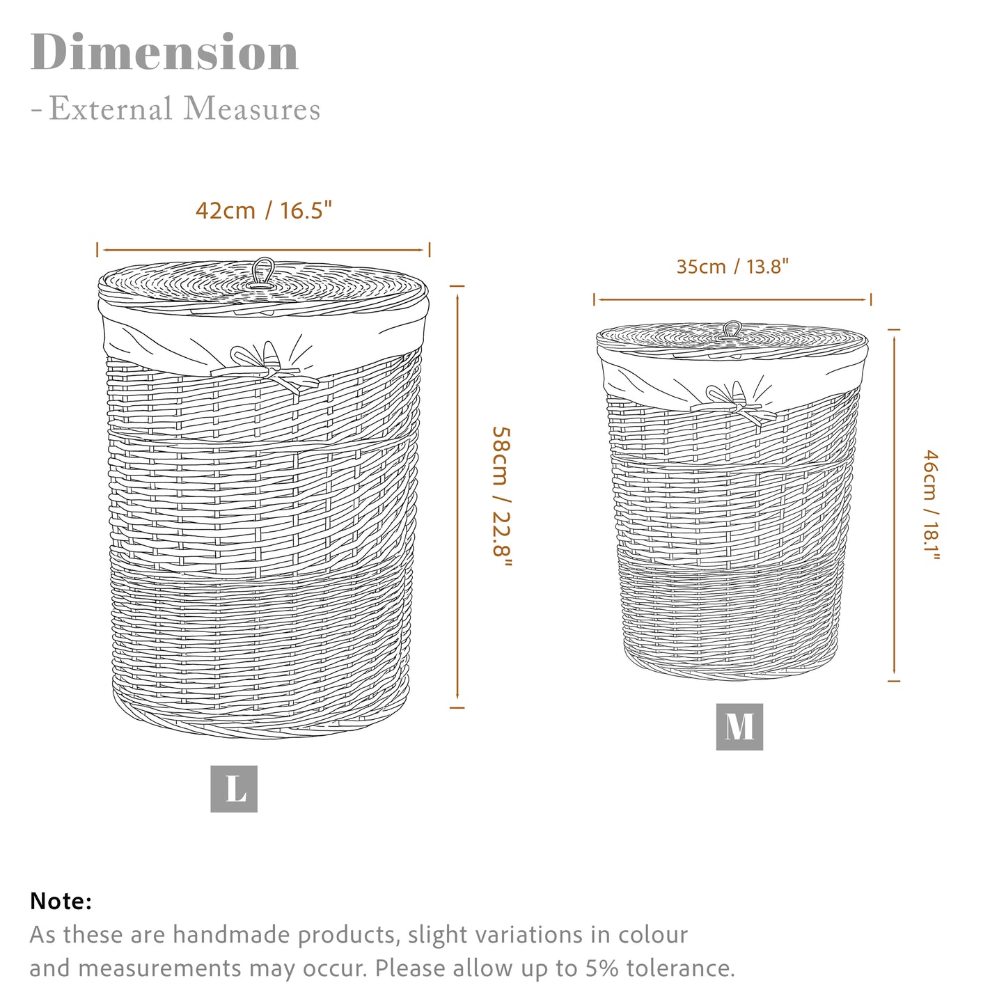 Light Grey Round Wicker Laundry Basket with Lining - 2 Sizes